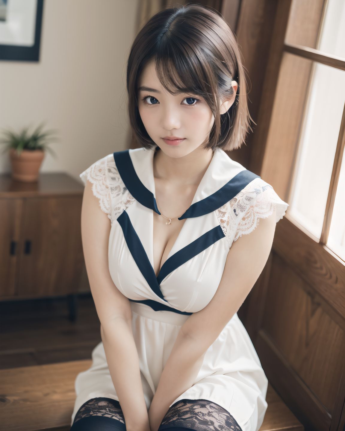 YUKI

((YUKI looking down shyly, hands still folded on her lap, her collar slightly loose, revealing a soft glimpse of her chest, natural light falling diagonally on her face, her hair slightly covering her eyes):1.9),

? ???A 20-year-old Japanese university girl named YUKI, slightly shy and natural, medium-length brown hair, soft natural makeup, school uniform (white blouse, navy skirt, knee socks), innocent and gentle facial features
? ???her cozy bedroom with afternoon sunlight coming through the window, soft lighting, wooden floor, pastel bedsheets
? ??????50mm f/1.4 lens, shallow depth of field, soft warm natural lighting
? ???????4K ultra-detailed, cinematic lighting, photorealistic skin texture


YUKI
[Image Quality] 
(masterpiece:1.9),(best quality of face:1.8),(super impressive beauty:1.5),(drawing everything in great detail:1.5),(extremely detailed skin:1.5),high-resolution,Raw Photo,4k,8k, charm of a young girl,

[YUKI's Summary] 
Her name is YUKI, she has a fairy-like atmosphere, (a beautiful, attractive, clear-skinned, cute 20-year-old girl: 1.65), (healing: 1.37), an innocent expression, a gentle smile, shyness, an embarrassed smile like an idol, embodying the wonder of childhood, a quiet personality, cute. Shy, natural charm,




[Hair style]
Her hair is neat and tidy, her eyes are a deep grey that radiate a pure light, she has black hair, stylish short hair, and delicate hair movement,

[Clothing]
She wears a see-through school uniform, lace, thin fabric, and a revealing sailor uniform with intricate designs, adding an innocent charm. The poses show hesitation, expressing complex emotions. The poses exhibit unconscious eroticism and vulnerability, yet also hint at confidence as if overcoming shyness.

[body type]
(beautiful breasts: 1.75), (big breasts), (standing posture of a young girl: 1.57), (childlike body: 1.54),

[pose]
Soft, natural pose, youthful and elegant, fresh and pure pose, (relaxed: 1.56), (sexy pose with knees open: 1.55), her hands are near her cleavage, pose that shows more of her breasts by pulling them together,

[her clothes]
She is wearing a see-through material, sheer clothing, lace, thin fabric, and a revealing summer dress with detailed details, adding an element of innocent charm. There is a sense of hesitation in her pose, which conveys her complex emotions. Her pose is slightly twisted, suggesting weakness, but also showing signs of confidence as if she is trying to overcome her shyness,

[Image Processing]
(4K: 1.26), (Ultra High Resolution: 1.28), (Studio Lighting: 1.17), very detailed RAW color photo, professional-quality photo, (Toddler's Hobby Photo: 1.58), (At-Home Atmosphere Screen: 1.15),
[Shooting Settings]
emphasize cuteness from a low angle, bring out the delicate texture of the hair and clothes Focus on her face, depth of field blur, shallow depth of field,

[Lighting]
Soft natural light for soft shadows, highlighting the youthful contours of her face. Illuminate her face to make it stand out clearly, dark background,
High resolution, detailed graphics, vivid colors, professional quality, ultra-high resolution, clearly depicts every detail,