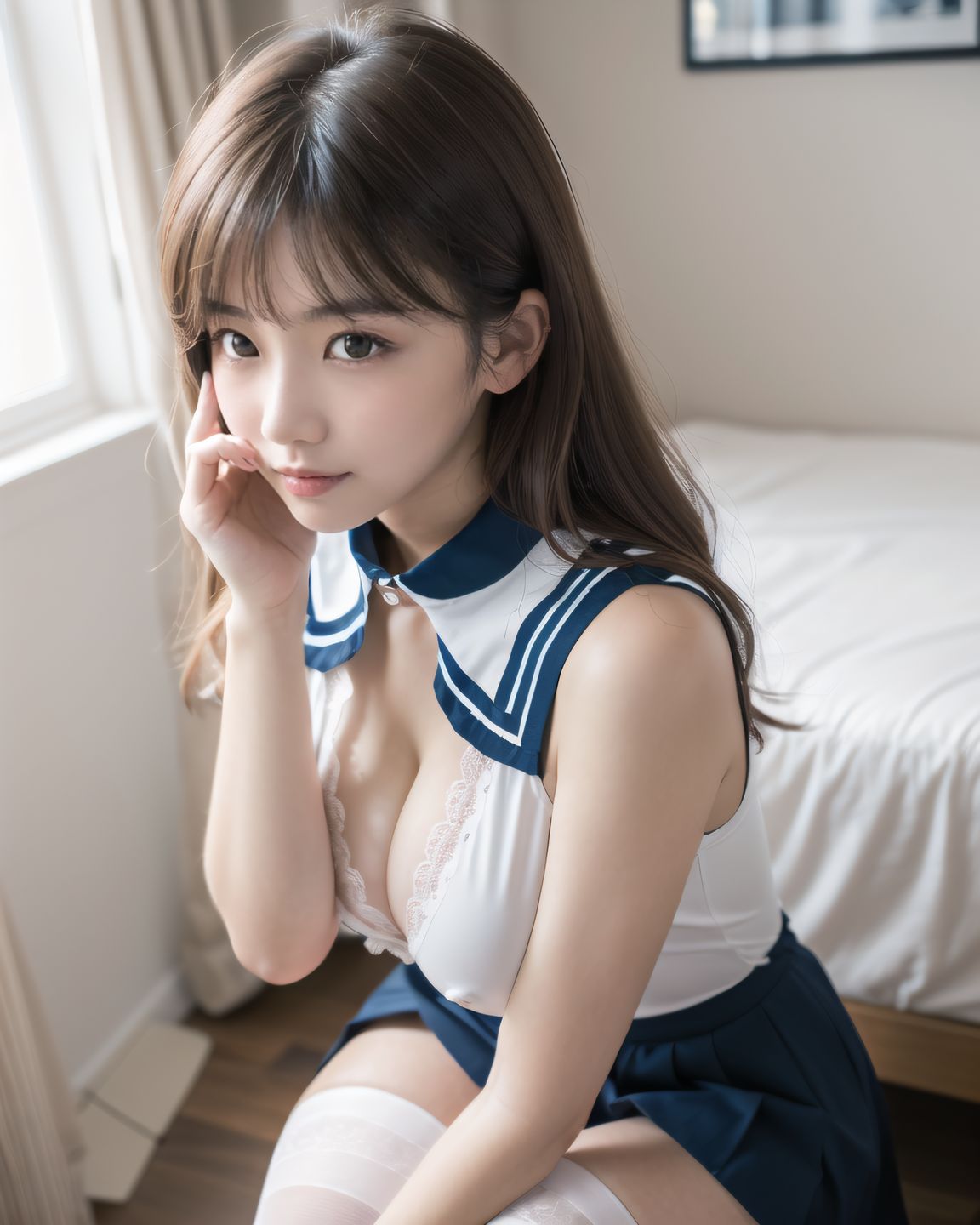 YUKI

((YUKI looking down shyly, hands still folded on her lap, her collar slightly loose, revealing a soft glimpse of her chest, natural light falling diagonally on her face, her hair slightly covering her eyes):1.9),

? ???A 20-year-old Japanese university girl named YUKI, slightly shy and natural, medium-length brown hair, soft natural makeup, school uniform (white blouse, navy skirt, knee socks), innocent and gentle facial features
? ???her cozy bedroom with afternoon sunlight coming through the window, soft lighting, wooden floor, pastel bedsheets
? ??????50mm f/1.4 lens, shallow depth of field, soft warm natural lighting
? ???????4K ultra-detailed, cinematic lighting, photorealistic skin texture


YUKI
[Image Quality] 
(masterpiece:1.9),(best quality of face:1.8),(super impressive beauty:1.5),(drawing everything in great detail:1.5),(extremely detailed skin:1.5),high-resolution,Raw Photo,4k,8k, charm of a young girl,

[YUKI's Summary] 
Her name is YUKI, she has a fairy-like atmosphere, (a beautiful, attractive, clear-skinned, cute 20-year-old girl: 1.65), (healing: 1.37), an innocent expression, a gentle smile, shyness, an embarrassed smile like an idol, embodying the wonder of childhood, a quiet personality, cute. Shy, natural charm,




[Hair style]
Her hair is neat and tidy, her eyes are a deep grey that radiate a pure light, she has black hair, stylish short hair, and delicate hair movement,

[Clothing]
She wears a see-through school uniform, lace, thin fabric, and a revealing sailor uniform with intricate designs, adding an innocent charm. The poses show hesitation, expressing complex emotions. The poses exhibit unconscious eroticism and vulnerability, yet also hint at confidence as if overcoming shyness.

[body type]
(beautiful breasts: 1.75), (big breasts), (standing posture of a young girl: 1.57), (childlike body: 1.54),

[pose]
Soft, natural pose, youthful and elegant, fresh and pure pose, (relaxed: 1.56), (sexy pose with knees open: 1.55), her hands are near her cleavage, pose that shows more of her breasts by pulling them together,

[her clothes]
She is wearing a see-through material, sheer clothing, lace, thin fabric, and a revealing summer dress with detailed details, adding an element of innocent charm. There is a sense of hesitation in her pose, which conveys her complex emotions. Her pose is slightly twisted, suggesting weakness, but also showing signs of confidence as if she is trying to overcome her shyness,

[Image Processing]
(4K: 1.26), (Ultra High Resolution: 1.28), (Studio Lighting: 1.17), very detailed RAW color photo, professional-quality photo, (Toddler's Hobby Photo: 1.58), (At-Home Atmosphere Screen: 1.15),
[Shooting Settings]
emphasize cuteness from a low angle, bring out the delicate texture of the hair and clothes Focus on her face, depth of field blur, shallow depth of field,

[Lighting]
Soft natural light for soft shadows, highlighting the youthful contours of her face. Illuminate her face to make it stand out clearly, dark background,
High resolution, detailed graphics, vivid colors, professional quality, ultra-high resolution, clearly depicts every detail,