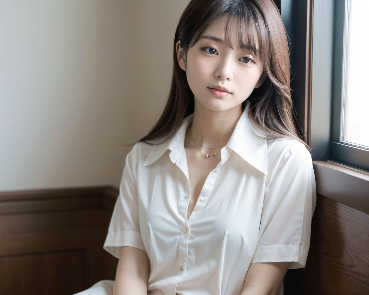 YUKI
((YUKI looking down shyly, hands still folded on her lap, her collar slightly loose, revealing a soft glimpse of her chest, natural light falling diagonally on her face, her hair slightly covering her eyes):1.9),
? ???A 20-year-old Japanese university girl named YUKI, slightly shy and natural, medium-length brown hair, soft natural makeup, school uniform (white blouse, navy skirt, knee socks), innocent and gentle facial features
? ???her cozy bedroom with afternoon sunlight coming through the window, soft lighting, wooden floor, pastel bedsheets
? ??????50mm f/1.4 lens, shallow depth of field, soft warm natural lighting
? ???????4K ultra-detailed, cinematic lighting, photorealistic skin texture