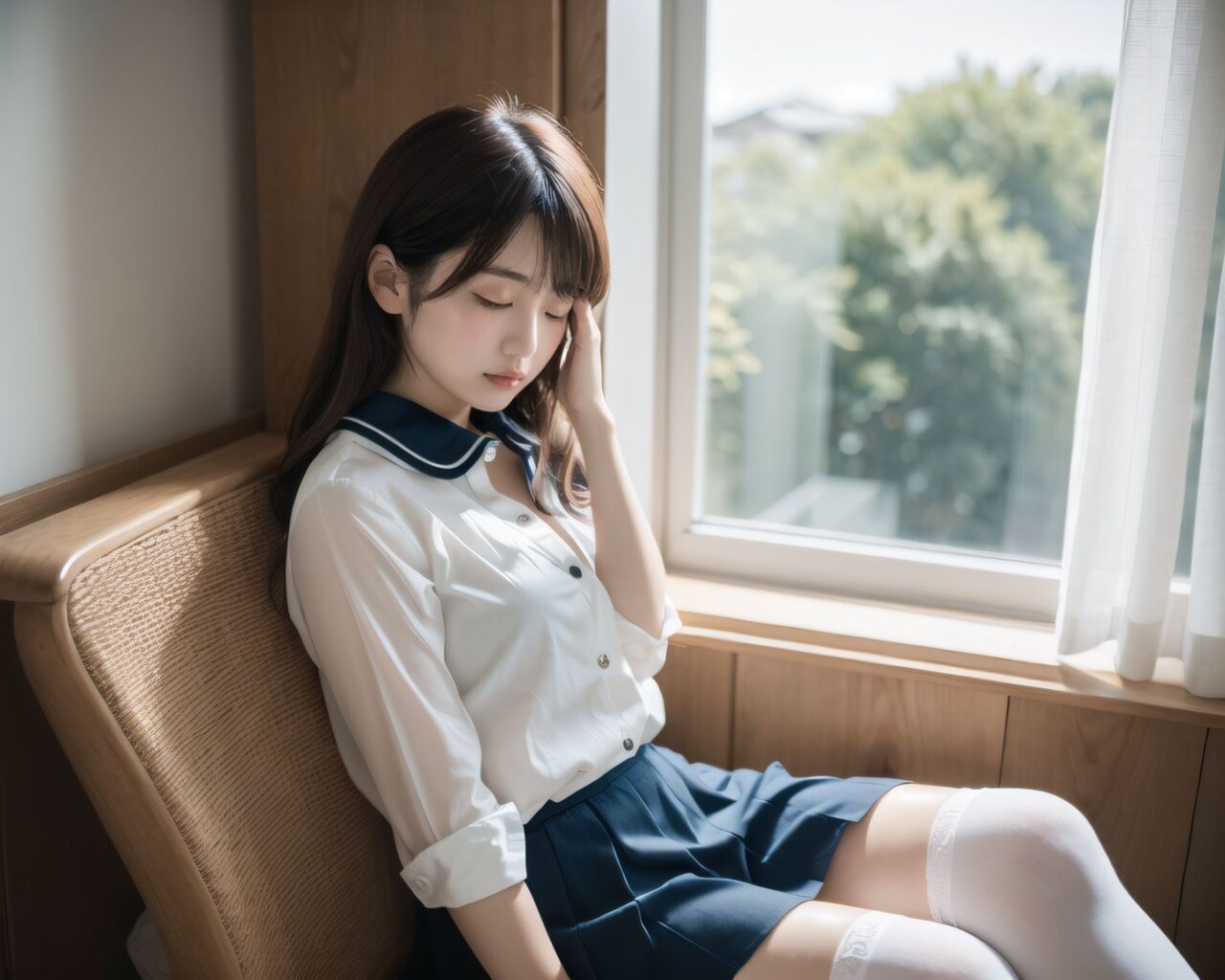 YUKI
((YUKI looking down shyly, hands still folded on her lap, her collar slightly loose, revealing a soft glimpse of her chest, natural light falling diagonally on her face, her hair slightly covering her eyes):1.9),
? ???A 20-year-old Japanese university girl named YUKI, slightly shy and natural, medium-length brown hair, soft natural makeup, school uniform (white blouse, navy skirt, knee socks), innocent and gentle facial features
? ???her cozy bedroom with afternoon sunlight coming through the window, soft lighting, wooden floor, pastel bedsheets
? ??????50mm f/1.4 lens, shallow depth of field, soft warm natural lighting
? ???????4K ultra-detailed, cinematic lighting, photorealistic skin texture