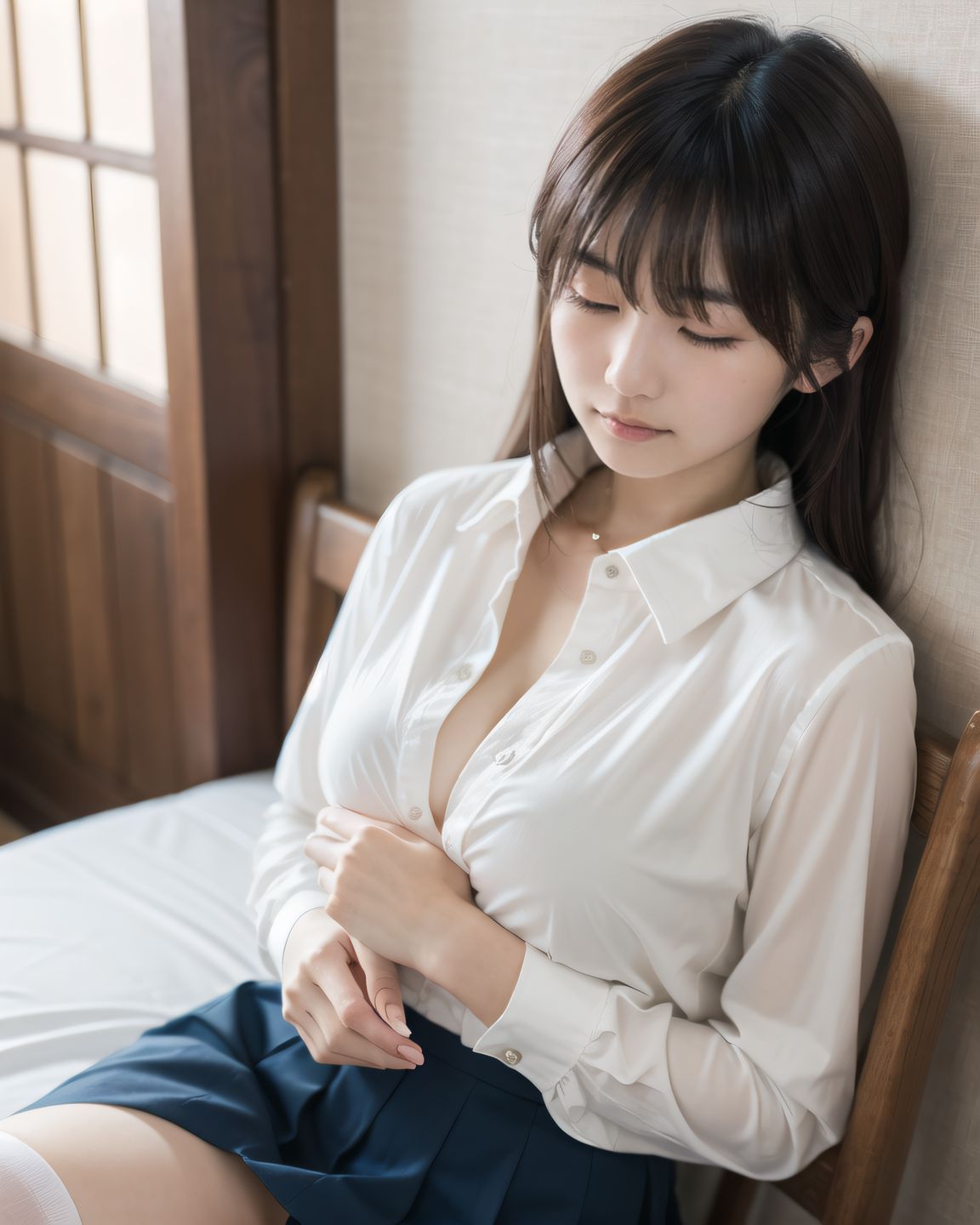 YUKI
((YUKI looking down shyly, hands still folded on her lap, her collar slightly loose, revealing a soft glimpse of her chest, natural light falling diagonally on her face, her hair slightly covering her eyes):1.9),
? ???A 20-year-old Japanese university girl named YUKI, slightly shy and natural, medium-length brown hair, soft natural makeup, school uniform (white blouse, navy skirt, knee socks), innocent and gentle facial features
? ???her cozy bedroom with afternoon sunlight coming through the window, soft lighting, wooden floor, pastel bedsheets
? ??????50mm f/1.4 lens, shallow depth of field, soft warm natural lighting
? ???????4K ultra-detailed, cinematic lighting, photorealistic skin texture