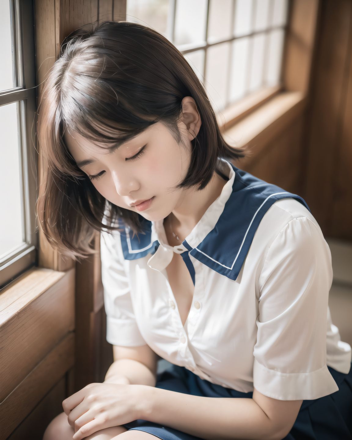 YUKI
((YUKI looking down shyly, hands still folded on her lap, her collar slightly loose, revealing a soft glimpse of her chest, natural light falling diagonally on her face, her hair slightly covering her eyes):1.9),
? ???A 20-year-old Japanese university girl named YUKI, slightly shy and natural, medium-length brown hair, soft natural makeup, school uniform (white blouse, navy skirt, knee socks), innocent and gentle facial features
? ???her cozy bedroom with afternoon sunlight coming through the window, soft lighting, wooden floor, pastel bedsheets
? ??????50mm f/1.4 lens, shallow depth of field, soft warm natural lighting
? ???????4K ultra-detailed, cinematic lighting, photorealistic skin texture