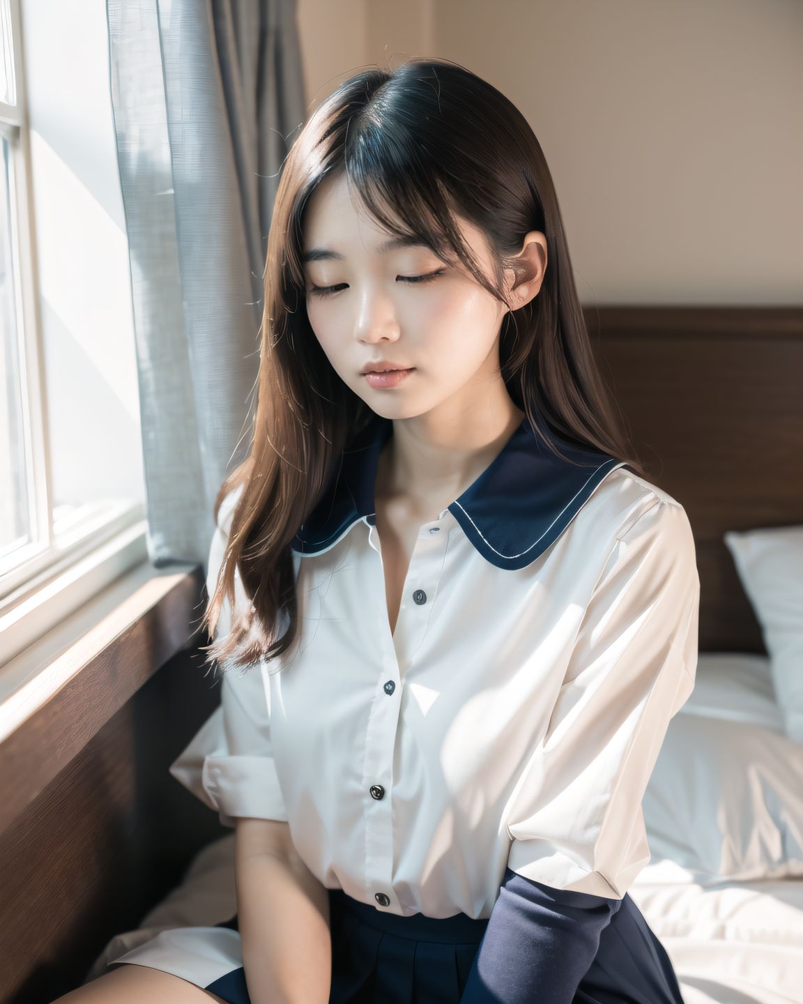 YUKI
((YUKI looking down shyly, hands still folded on her lap, her collar slightly loose, revealing a soft glimpse of her chest, natural light falling diagonally on her face, her hair slightly covering her eyes):1.9),
? ???A 20-year-old Japanese university girl named YUKI, slightly shy and natural, medium-length brown hair, soft natural makeup, school uniform (white blouse, navy skirt, knee socks), innocent and gentle facial features
? ???her cozy bedroom with afternoon sunlight coming through the window, soft lighting, wooden floor, pastel bedsheets
? ??????50mm f/1.4 lens, shallow depth of field, soft warm natural lighting
? ???????4K ultra-detailed, cinematic lighting, photorealistic skin texture