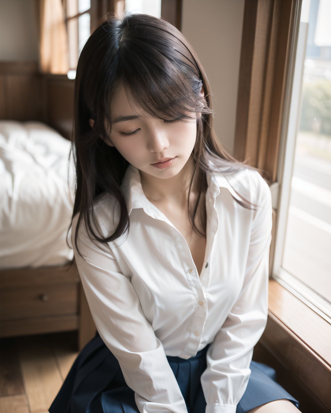 YUKI
((YUKI looking down shyly, hands still folded on her lap, her collar slightly loose, revealing a soft glimpse of her chest, natural light falling diagonally on her face, her hair slightly covering her eyes):1.9),
? ???A 20-year-old Japanese university girl named YUKI, slightly shy and natural, medium-length brown hair, soft natural makeup, school uniform (white blouse, navy skirt, knee socks), innocent and gentle facial features
? ???her cozy bedroom with afternoon sunlight coming through the window, soft lighting, wooden floor, pastel bedsheets
? ??????50mm f/1.4 lens, shallow depth of field, soft warm natural lighting
? ???????4K ultra-detailed, cinematic lighting, photorealistic skin texture