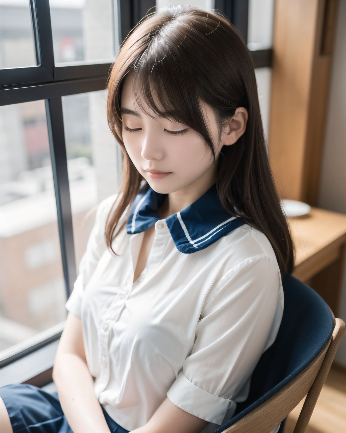 YUKI
((YUKI looking down shyly, hands still folded on her lap, her collar slightly loose, revealing a soft glimpse of her chest, natural light falling diagonally on her face, her hair slightly covering her eyes):1.9),
? ???A 20-year-old Japanese university girl named YUKI, slightly shy and natural, medium-length brown hair, soft natural makeup, school uniform (white blouse, navy skirt, knee socks), innocent and gentle facial features
? ???her cozy bedroom with afternoon sunlight coming through the window, soft lighting, wooden floor, pastel bedsheets
? ??????50mm f/1.4 lens, shallow depth of field, soft warm natural lighting
? ???????4K ultra-detailed, cinematic lighting, photorealistic skin texture