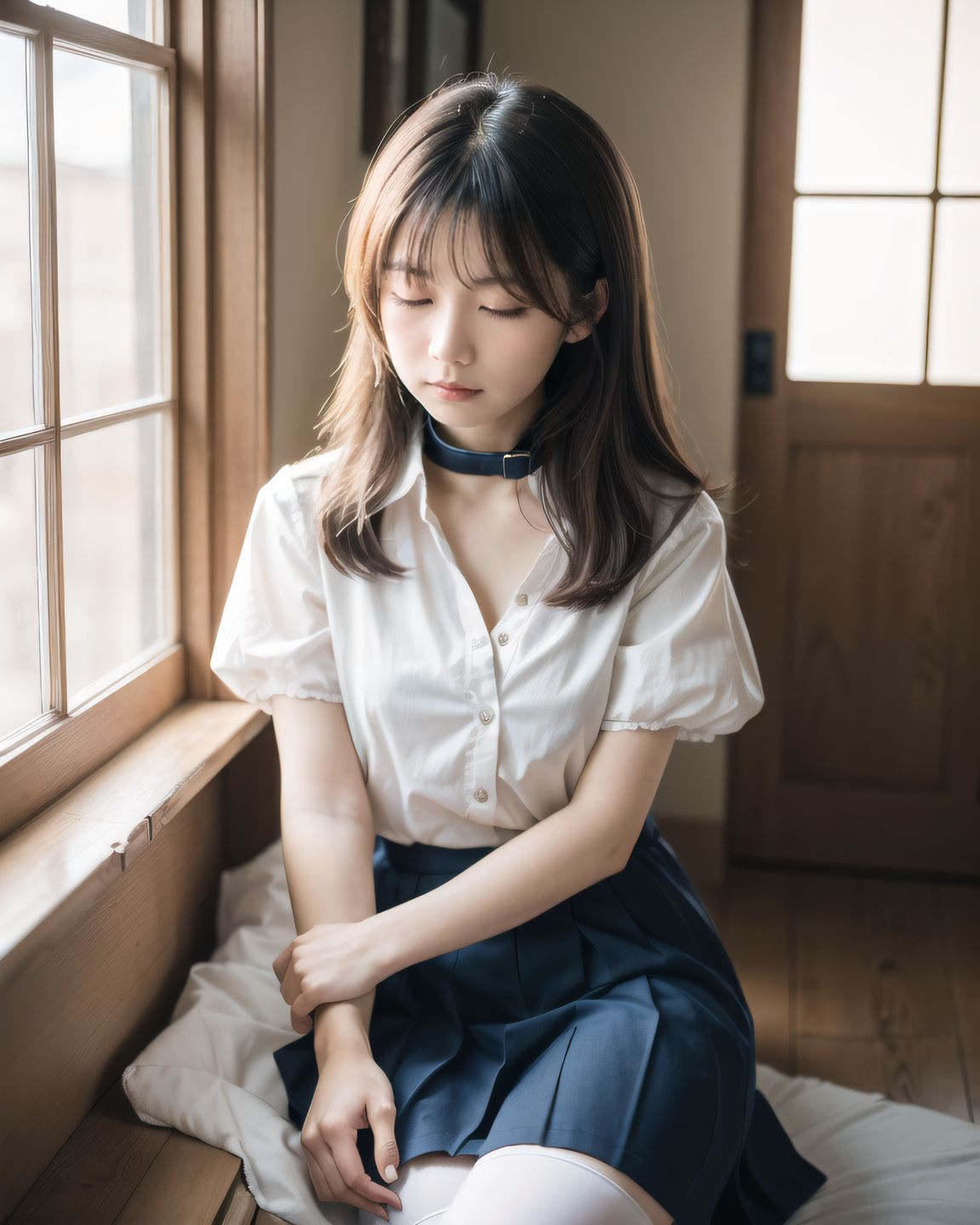 YUKI
((YUKI looking down shyly, hands still folded on her lap, her collar slightly loose, revealing a soft glimpse of her chest, natural light falling diagonally on her face, her hair slightly covering her eyes):1.9),
? ???A 20-year-old Japanese university girl named YUKI, slightly shy and natural, medium-length brown hair, soft natural makeup, school uniform (white blouse, navy skirt, knee socks), innocent and gentle facial features
? ???her cozy bedroom with afternoon sunlight coming through the window, soft lighting, wooden floor, pastel bedsheets
? ??????50mm f/1.4 lens, shallow depth of field, soft warm natural lighting
? ???????4K ultra-detailed, cinematic lighting, photorealistic skin texture
