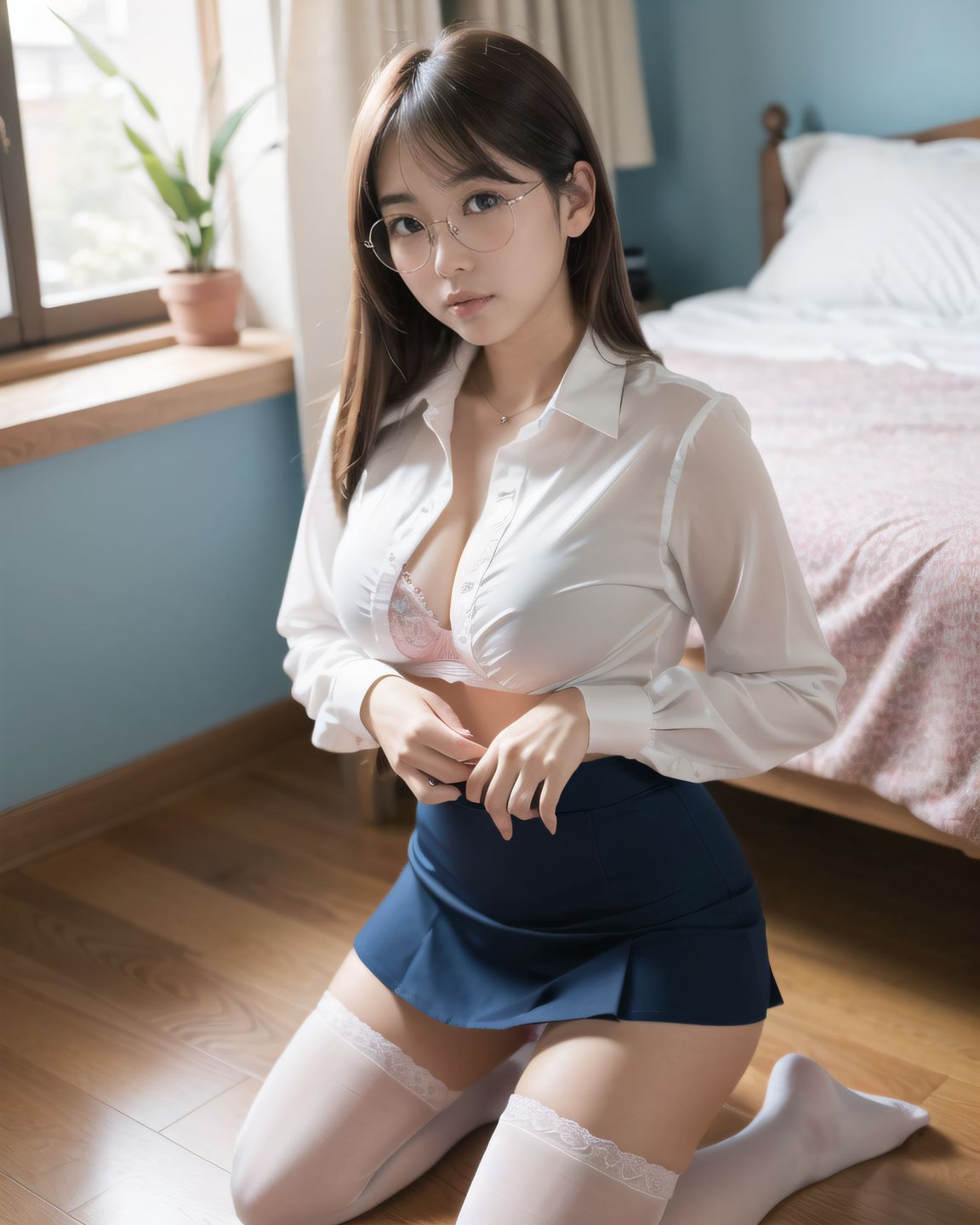 ((YUKI kneeling while adjusting her blouse, unaware that her pink bra is fully visible through the loose neckline, her expression innocent and flustered, her thighs tightly pressed together, natural light highlighting the contrast between fabric and skin)),
? ???A 20-year-old Japanese university girl named YUKI, slightly shy and natural, medium-length brown hair, soft natural makeup, school uniform (white blouse, navy skirt, knee socks), innocent and gentle facial features
? ???her cozy bedroom with afternoon sunlight coming through the window, soft lighting, wooden floor, pastel bedsheets
? ??????50mm f/1.4 lens, shallow depth of field, soft warm natural lighting
? ???????4K ultra-detailed, cinematic lighting, photorealistic skin texture
????
(petit naked, semi-naked, petit nakedness, bra, panty, skirt, underwear, skirt lift, glasses, ass, panties, clothes lift, shirt, looking front, white shirt, standing, panties under pantyhose, bent over, legs,lovingly gaze,blush,looking at viewer:1.2),