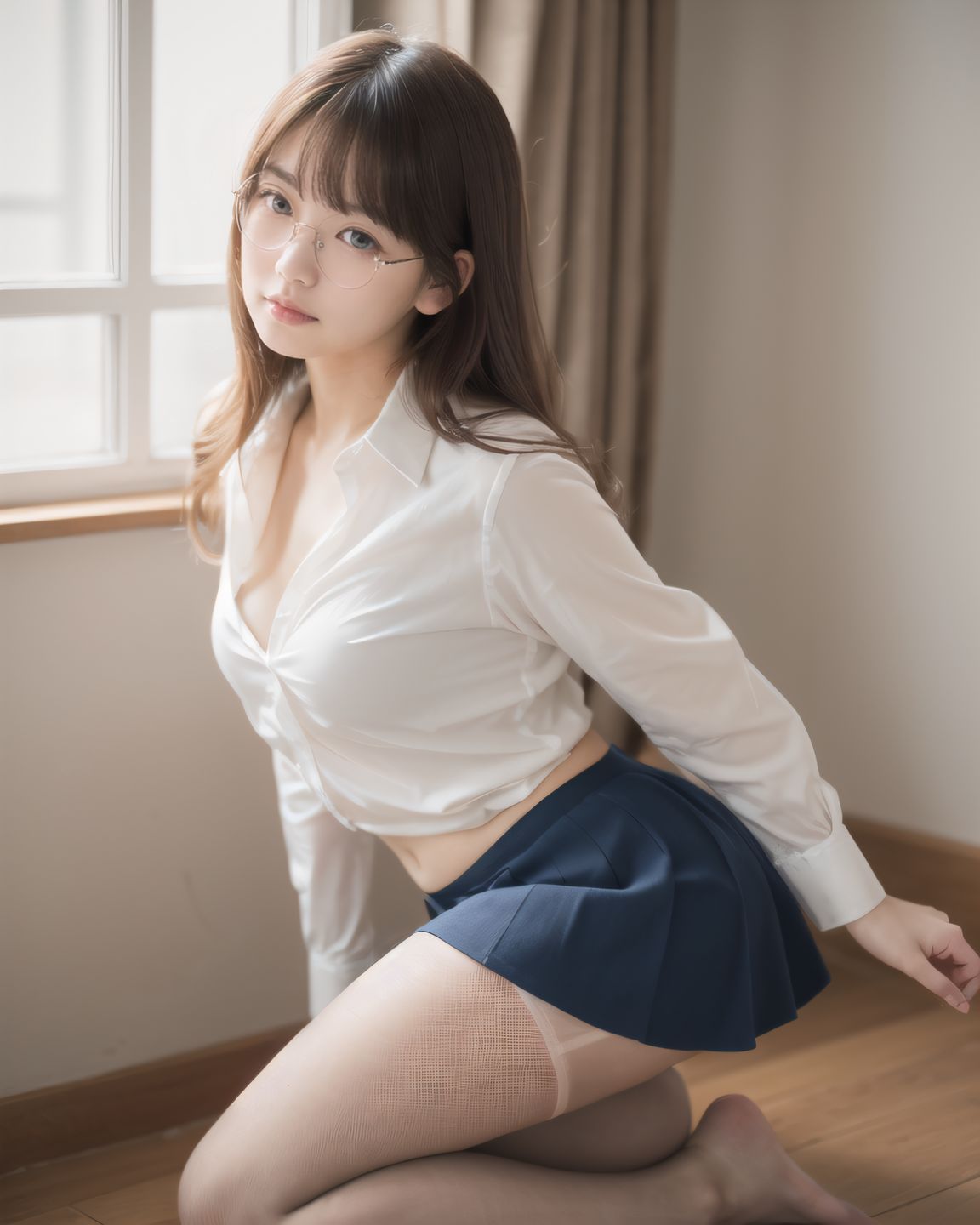 ((YUKI kneeling while adjusting her blouse, unaware that her pink bra is fully visible through the loose neckline, her expression innocent and flustered, her thighs tightly pressed together, natural light highlighting the contrast between fabric and skin)),
? ???A 20-year-old Japanese university girl named YUKI, slightly shy and natural, medium-length brown hair, soft natural makeup, school uniform (white blouse, navy skirt, knee socks), innocent and gentle facial features
? ???her cozy bedroom with afternoon sunlight coming through the window, soft lighting, wooden floor, pastel bedsheets
? ??????50mm f/1.4 lens, shallow depth of field, soft warm natural lighting
? ???????4K ultra-detailed, cinematic lighting, photorealistic skin texture
????
(petit naked, semi-naked, petit nakedness, bra, panty, skirt, underwear, skirt lift, glasses, ass, panties, clothes lift, shirt, looking front, white shirt, standing, panties under pantyhose, bent over, legs,lovingly gaze,blush,looking at viewer:1.2),