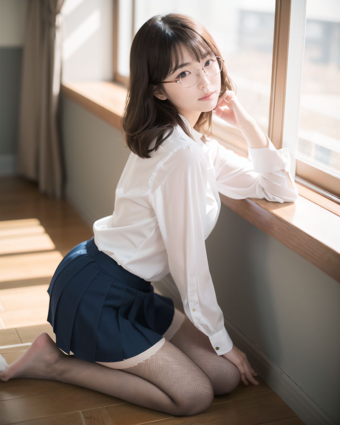 ((YUKI kneeling while adjusting her blouse, unaware that her pink bra is fully visible through the loose neckline, her expression innocent and flustered, her thighs tightly pressed together, natural light highlighting the contrast between fabric and skin)),
? ???A 20-year-old Japanese university girl named YUKI, slightly shy and natural, medium-length brown hair, soft natural makeup, school uniform (white blouse, navy skirt, knee socks), innocent and gentle facial features
? ???her cozy bedroom with afternoon sunlight coming through the window, soft lighting, wooden floor, pastel bedsheets
? ??????50mm f/1.4 lens, shallow depth of field, soft warm natural lighting
? ???????4K ultra-detailed, cinematic lighting, photorealistic skin texture
????
(petit naked, semi-naked, petit nakedness, bra, panty, skirt, underwear, skirt lift, glasses, ass, panties, clothes lift, shirt, looking front, white shirt, standing, panties under pantyhose, bent over, legs,lovingly gaze,blush,looking at viewer:1.2),