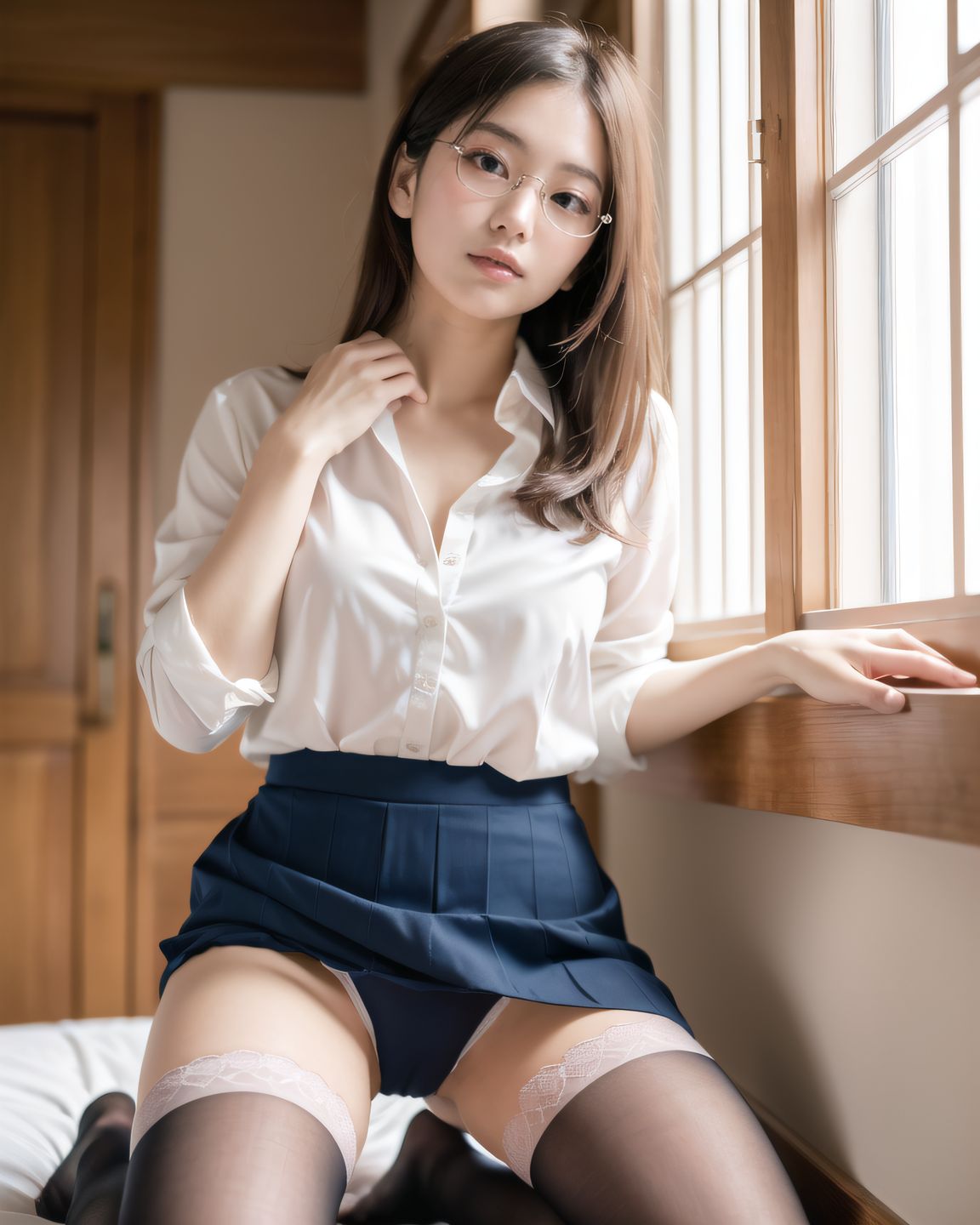 ((YUKI kneeling while adjusting her blouse, unaware that her pink bra is fully visible through the loose neckline, her expression innocent and flustered, her thighs tightly pressed together, natural light highlighting the contrast between fabric and skin)),
? ???A 20-year-old Japanese university girl named YUKI, slightly shy and natural, medium-length brown hair, soft natural makeup, school uniform (white blouse, navy skirt, knee socks), innocent and gentle facial features
? ???her cozy bedroom with afternoon sunlight coming through the window, soft lighting, wooden floor, pastel bedsheets
? ??????50mm f/1.4 lens, shallow depth of field, soft warm natural lighting
? ???????4K ultra-detailed, cinematic lighting, photorealistic skin texture
????
(petit naked, semi-naked, petit nakedness, bra, panty, skirt, underwear, skirt lift, glasses, ass, panties, clothes lift, shirt, looking front, white shirt, standing, panties under pantyhose, bent over, legs,lovingly gaze,blush,looking at viewer:1.2),