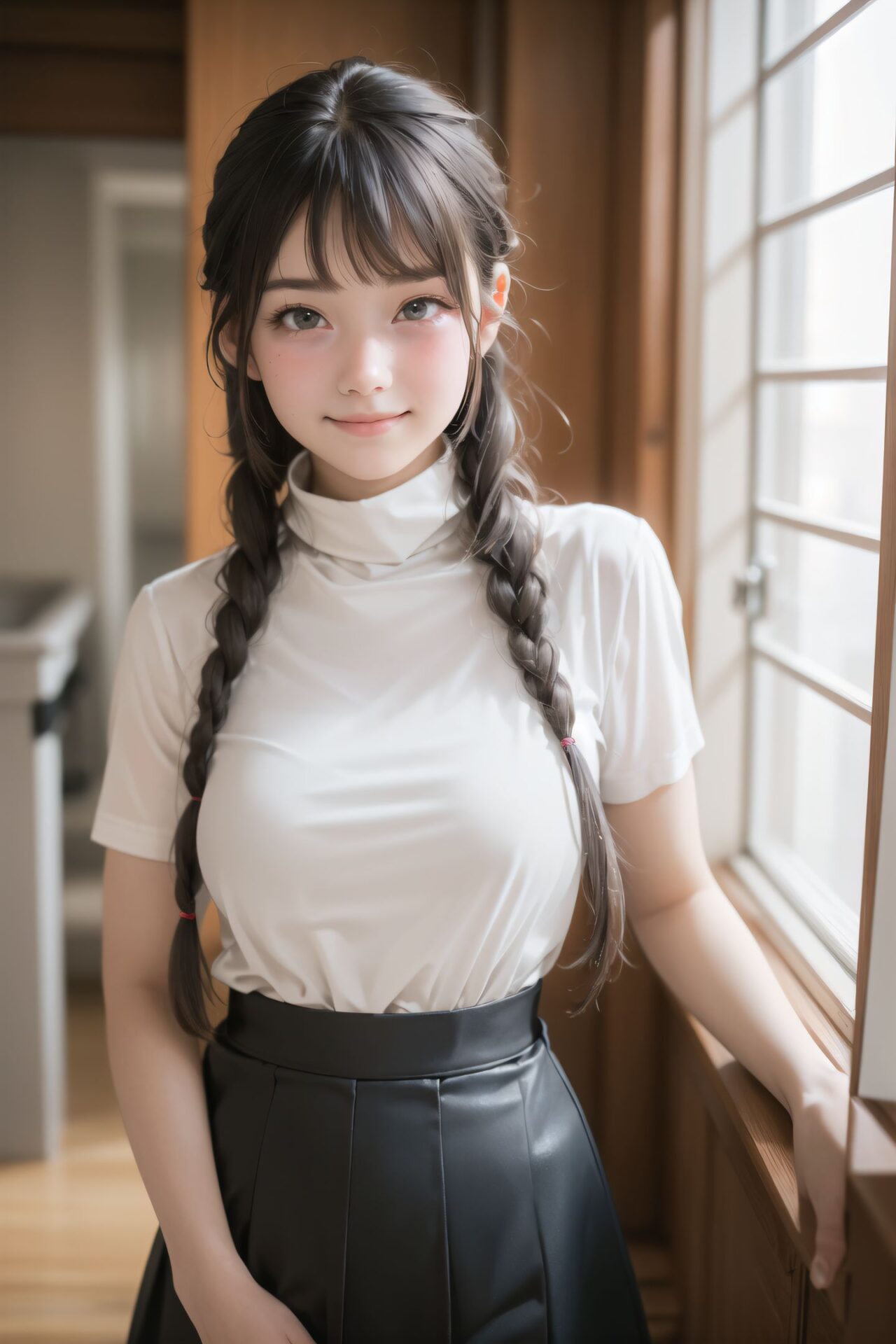 ?RUNA?
(masterpiece:1.3), (best quality:1.3),(photo-realistic:1.5),real person,
(cute girl:1.2),kawaii,idol face,(12 years old young girl:1.3),
BLAKE
Innocent pure and charming 16-year-old girl,
Innocent, youthful expression, gentle smile, shy demeanour,
Embarrassed Idol smile,
dark deep Blue green eyes, shining with purity,
stylish short cut, delicate flow of hair,
*
((
see-through boleroShort and sheerthe bolero offered no real coveronly invitation,,
see-through office blouse, thin synthetic fibers designed for comfort, not modesty,,
White shirt soaked and clinging to (rounded breasts),,
?How embarrassing... How could you watch me...? Her cheeks were bright red, and she looked down with teary eyes. Her hands trembled as she gripped the hem of her skirt. She felt someone's gaze and her shoulders shook slightly.,,
Open window letting in golden evening light over the sink,,
**form-fitting turtleneck sweater** paired with a tight leather skirt (leaning against a window as snow falls),,
):1.8),
*
Facing the camera, making eye contact, embodying childlike wonder,
Soft, natural posture, youthful, graceful shot,
flirtatious eyes expression,, an ideal blend of innocence and enchantment,
Embodies the popular kawaii girl,
Elements of Lolita fashion, fresh and pure poses, exuding natural charm,
The low angle emphasises her kawaii and highlights the fine textures of her hair and clothes,
Natural light casts soft shadows and highlights the contours of her youthful face,
Bringing her into sharp focus,
High resolution, detailed graphics,
vivid colors, professional quality,
Ultra-high resolution, capturing every detail from individual strands of hair to the intricate fabrics of her costume,
Professional-grade clarity and contrast bring the vibrant colours to life,
(EasyNegativeV2:-1.5), (worst quality, low quality:-1.2),
(moles:-1.1),(spot on the skin:-1.2),(freckles:-1.3)
(bad-hands-5:-1.2), (negative_hand-neg:-1.1),
BLAKE
beautiful detailed eyes,
(baby face:1.4),
(smile:1.4),blush,(soft and smooth skin:1.2),(oily skin:1.2),
(medium breasts:1.2),
(bangs cut, beautiful hair:1.6),braids,Headband Alice band,
concept art,
texture,Exquisite and beautiful backgrounds,
absolutely resolution, ultra detaile,intricate,
(8k:1.3),CG, unity , 2k wallpaper,absurdres,