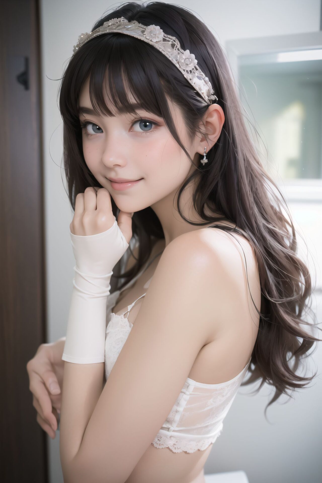 ?RUNA?

(masterpiece:1.3), (best quality:1.3),(photo-realistic:1.5),real person,
(cute girl:1.2),kawaii,idol face,(12 years old young girl:1.3),

BLAKE

Innocent pure and charming 16-year-old girl, 
Innocent, youthful expression, gentle smile, shy demeanour,

Embarrassed Idol smile,

dark deep Blue green eyes, shining with purity,
stylish short cut, delicate flow of hair, 

*
((
mesh sportswearThe mesh design hugged her curves as she stretchedsweat accentuating the peek,, 
sheer pajama top with nothing underneath, fine satin with intentional light diffusion,, 
Tight bra compressing her chest, making the outline even more prominent,, 
?It?s too embarrassing? I can?t take this?? She trembles with shame, hiding her face behind her hands. Her fingers peek through slightly. She lowers her body as if shrinking away from the gaze.,, 
Single toilet stall with door slightly ajar, soft light spilling in,, 


**shoulderless evening wear** with metallic finish (adjusting her glove with a sigh),, 

):1.8),
*

Facing the camera, making eye contact, embodying childlike wonder, 

Soft, natural posture, youthful, graceful shot, 

flirtatious eyes expression,, an ideal blend of innocence and enchantment, 
Embodies the popular kawaii girl,
Elements of Lolita fashion, fresh and pure poses, exuding natural charm, 


The low angle emphasises her kawaii and highlights the fine textures of her hair and clothes, 
Natural light casts soft shadows and highlights the contours of her youthful face, 


Bringing her into sharp focus,
High resolution, detailed graphics, 
vivid colors, professional quality,


Ultra-high resolution, capturing every detail from individual strands of hair to the intricate fabrics of her costume,
Professional-grade clarity and contrast bring the vibrant colours to life,


(EasyNegativeV2:-1.5), (worst quality, low quality:-1.2),
(moles:-1.1),(spot on the skin:-1.2),(freckles:-1.3)
(bad-hands-5:-1.2), (negative_hand-neg:-1.1), 

BLAKE

beautiful detailed eyes,
(baby face:1.4),
(smile:1.4),blush,(soft and smooth skin:1.2),(oily skin:1.2),
(medium breasts:1.2),

(bangs cut, beautiful hair:1.6),braids,Headband Alice band,

concept art,
texture,Exquisite and beautiful backgrounds,
absolutely resolution, ultra detaile,intricate,
(8k:1.3),CG, unity , 2k wallpaper,absurdres,