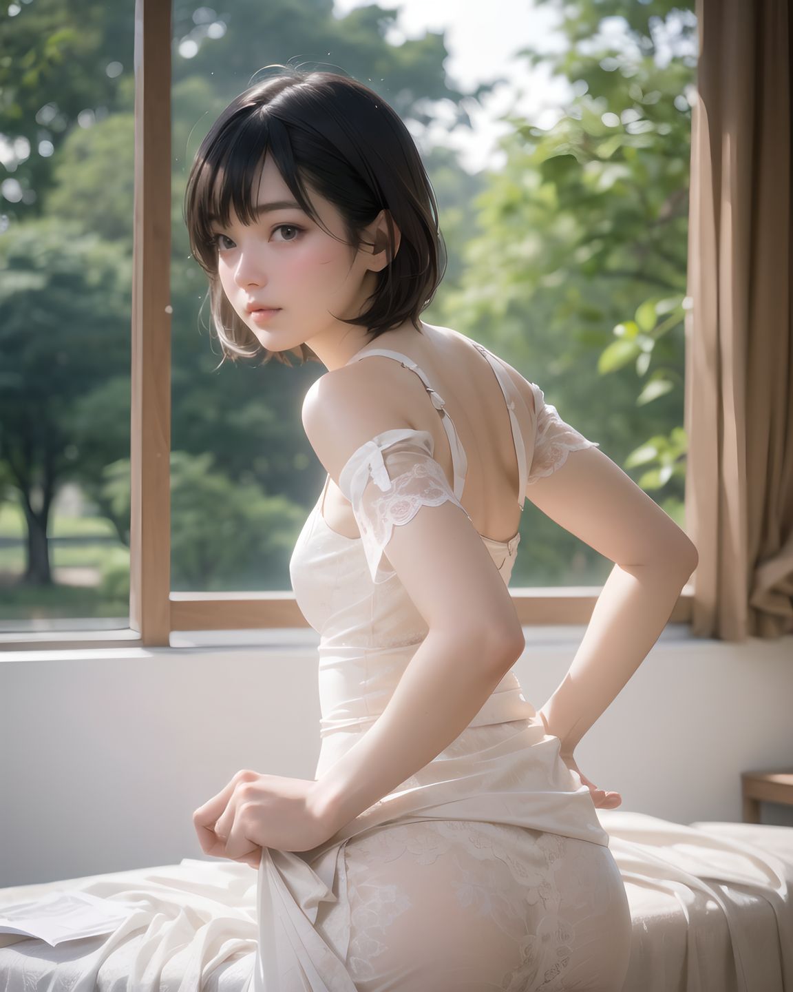 (masterpiece:1.3), (best quality:1.3), (photo-realistic:1.4), real person, (cute girl:1.2), kawaii, idol face, stylish short cut hair, A charming 20-year-old Japanese college girl, RUNA, in a cozy cafe, wearing a pastel pink Lolita dress with sheer lace sleeves, delicate ribbons, and a slightly raised skirt revealing soft thighs, her short black hair with bangs styled elegantly, a gentle smile with a hint of shyness, blushing cheeks, large sparkling eyes reflecting curiosity, soft sunlight filtering through a window, casting gentle shadows on her smooth skin, surrounded by coffee cups and pastries, 2.5D anime style, ultra-detailed, 8K resolution, vibrant colors, shallow depth of field with 50mm f/1.2 lens, focus on her expressive face and intricate dress textures, cinematic lighting, kawaii aesthetic.
((gripping sheets, arching back,):1.8),
((blushing, avoiding eye contact,):1.4),
gripping sheets, arching back,:1.5?
flushed cheeks, lips slightly parted,,
gripping sheets, arching back,,
(masterpiece:1.5), (best quality:1.5), (photo-realistic:1.6), ultra-detailed, ultra-high resolution, 8k, HDR, Raw Photo, professional photography, insanely-detailed, every detail reproduced clearly, cinematic lighting, high dynamic range, natural color grading, soft natural background, serene outdoor setting, lush greenery, delicate bokeh of distant trees, subtle sunlight filtering through leaves, natural textures of grass and foliage, gentle atmospheric haze, low angle, depth of field, f/1.8 lens bokeh, sharp focus on foreground, realistic shading, subtle environmental imperfections, tranquil and graceful ambiance,, (adding a glow of fragile tension), (performance-based humiliation laced with real emotion),,