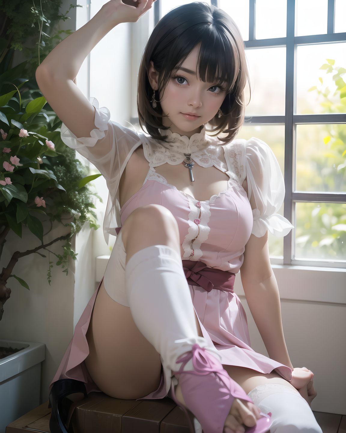 (masterpiece:1.3), (best quality:1.3), (photo-realistic:1.4), real person, (cute girl:1.2), kawaii, idol face, stylish short cut hair, A charming 20-year-old Japanese college girl, RUNA, in a cozy cafe, wearing a pastel pink Lolita dress with sheer lace sleeves, delicate ribbons, and a slightly raised skirt revealing soft thighs, her short black hair with bangs styled elegantly, a gentle smile with a hint of shyness, blushing cheeks, large sparkling eyes reflecting curiosity, soft sunlight filtering through a window, casting gentle shadows on her smooth skin, surrounded by coffee cups and pastries, 2.5D anime style, ultra-detailed, 8K resolution, vibrant colors, shallow depth of field with 50mm f/1.2 lens, focus on her expressive face and intricate dress textures, cinematic lighting, kawaii aesthetic.
((heels raised, kneesocks accentuating calf curve, ):1.8),
((sitting on knees, staring downward, face flushed, ):1.4),
(shirt caught above chest, arms raised, :1.5)?
shy smile, covering mouth with hand, ,
tongue out, playful wink,,
(masterpiece:1.5), (best quality:1.5), (photo-realistic:1.6), ultra-detailed, ultra-high resolution, 8k, HDR, Raw Photo, professional photography, insanely-detailed, every detail reproduced clearly, cinematic lighting, high dynamic range, natural color grading, soft natural background, serene outdoor setting, lush greenery, delicate bokeh of distant trees, subtle sunlight filtering through leaves, natural textures of grass and foliage, gentle atmospheric haze, low angle, depth of field, f/1.8 lens bokeh, sharp focus on foreground, realistic shading, subtle environmental imperfections, tranquil and graceful ambiance,, (dappled light seeping through blinds), (Real fake photos of a high school girl who is an underground idol, taken by herself while undressing), ,