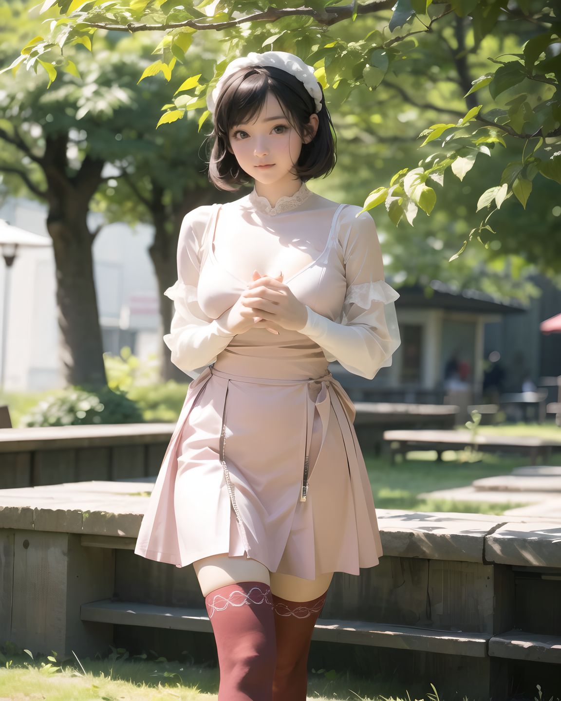 (masterpiece:1.3), (best quality:1.3), (photo-realistic:1.4), real person, (cute girl:1.2), kawaii, idol face, stylish short cut hair, A charming 20-year-old Japanese college girl, RUNA, in a cozy cafe, wearing a pastel pink Lolita dress with sheer lace sleeves, delicate ribbons, and a slightly raised skirt revealing soft thighs, her short black hair with bangs styled elegantly, a gentle smile with a hint of shyness, blushing cheeks, large sparkling eyes reflecting curiosity, soft sunlight filtering through a window, casting gentle shadows on her smooth skin, surrounded by coffee cups and pastries, 2.5D anime style, ultra-detailed, 8K resolution, vibrant colors, shallow depth of field with 50mm f/1.2 lens, focus on her expressive face and intricate dress textures, cinematic lighting, kawaii aesthetic.
((kneesocks slipping as she walks, embarrassed glance, ):1.8),
((covering breasts while peeking through fingers, ):1.4),
(zipper halfway undone, breasts slightly exposed, :1.5)?
gasping expression, eyes wide, ,
shivering with pleasure, body trembling,,
(masterpiece:1.5), (best quality:1.5), (photo-realistic:1.6), ultra-detailed, ultra-high resolution, 8k, HDR, Raw Photo, professional photography, insanely-detailed, every detail reproduced clearly, cinematic lighting, high dynamic range, natural color grading, soft natural background, serene outdoor setting, lush greenery, delicate bokeh of distant trees, subtle sunlight filtering through leaves, natural textures of grass and foliage, gentle atmospheric haze, low angle, depth of field, f/1.8 lens bokeh, sharp focus on foreground, realistic shading, subtle environmental imperfections, tranquil and graceful ambiance,, (illuminating her body from beneath with eerie sensuality), (controlled chaos of a forced roleplay),,