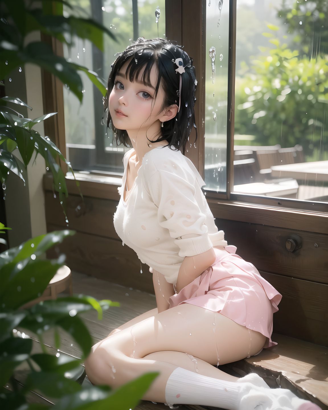 (masterpiece:1.3), (best quality:1.3), (photo-realistic:1.4), real person, (cute girl:1.2), kawaii, idol face, stylish short cut hair, A charming 20-year-old Japanese college girl, RUNA, in a cozy cafe, wearing a pastel pink Lolita dress with sheer lace sleeves, delicate ribbons, and a slightly raised skirt revealing soft thighs, her short black hair with bangs styled elegantly, a gentle smile with a hint of shyness, blushing cheeks, large sparkling eyes reflecting curiosity, soft sunlight filtering through a window, casting gentle shadows on her smooth skin, surrounded by coffee cups and pastries, 2.5D anime style, ultra-detailed, 8K resolution, vibrant colors, shallow depth of field with 50mm f/1.2 lens, focus on her expressive face and intricate dress textures, cinematic lighting, kawaii aesthetic.
((wet spot forming between thighs, socks framing it, ):1.8),
((head bowed, skirt caught on chair revealing panties, ):1.4),
(zipper halfway undone, breasts slightly exposed, :1.5)?
biting lower lip, seductive, ,
gasping expression, eyes wide,,
(masterpiece:1.5), (best quality:1.5), (photo-realistic:1.6), ultra-detailed, ultra-high resolution, 8k, HDR, Raw Photo, professional photography, insanely-detailed, every detail reproduced clearly, cinematic lighting, high dynamic range, natural color grading, soft natural background, serene outdoor setting, lush greenery, delicate bokeh of distant trees, subtle sunlight filtering through leaves, natural textures of grass and foliage, gentle atmospheric haze, low angle, depth of field, f/1.8 lens bokeh, sharp focus on foreground, realistic shading, subtle environmental imperfections, tranquil and graceful ambiance,, (cinematic lighting from one side), (The ambiguous boundary between shame and the desire to expose oneself), ,