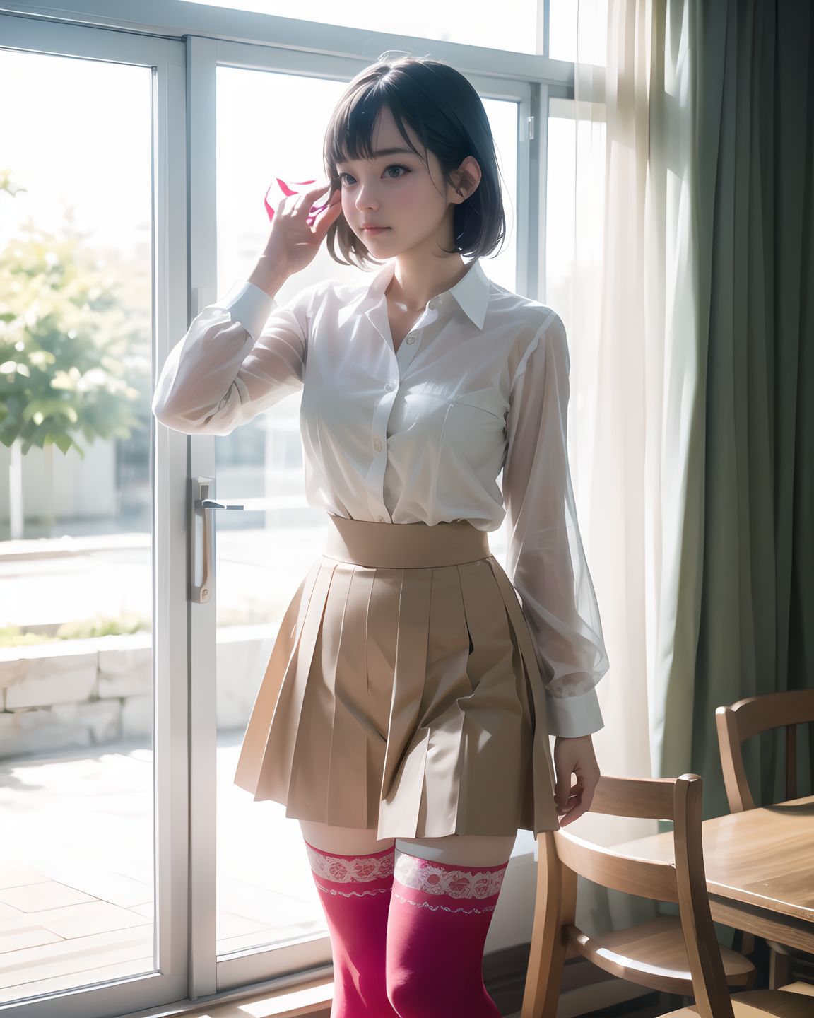 (masterpiece:1.3), (best quality:1.3), (photo-realistic:1.4), real person, (cute girl:1.2), kawaii, idol face, stylish short cut hair, A charming 20-year-old Japanese college girl, RUNA, in a cozy cafe, wearing a pastel pink Lolita dress with sheer lace sleeves, delicate ribbons, and a slightly raised skirt revealing soft thighs, her short black hair with bangs styled elegantly, a gentle smile with a hint of shyness, blushing cheeks, large sparkling eyes reflecting curiosity, soft sunlight filtering through a window, casting gentle shadows on her smooth skin, surrounded by coffee cups and pastries, 2.5D anime style, ultra-detailed, 8K resolution, vibrant colors, shallow depth of field with 50mm f/1.2 lens, focus on her expressive face and intricate dress textures, cinematic lighting, kawaii aesthetic.
((kneesocks slipping as she walks, embarrassed glance, ):1.8),
((head shaking slowly, skirt raised, ):1.4),
(shirt caught above chest, arms raised, :1.5)?
tears of pleasure, trembling lips, ,
ecstatic expression, mouth open,,
(masterpiece:1.5), (best quality:1.5), (photo-realistic:1.6), ultra-detailed, ultra-high resolution, 8k, HDR, Raw Photo, professional photography, insanely-detailed, every detail reproduced clearly, cinematic lighting, high dynamic range, natural color grading, soft natural background, serene outdoor setting, lush greenery, delicate bokeh of distant trees, subtle sunlight filtering through leaves, natural textures of grass and foliage, gentle atmospheric haze, low angle, depth of field, f/1.8 lens bokeh, sharp focus on foreground, realistic shading, subtle environmental imperfections, tranquil and graceful ambiance,, (dappled light seeping through blinds), (fabricated purity undone by genuine arousal),,