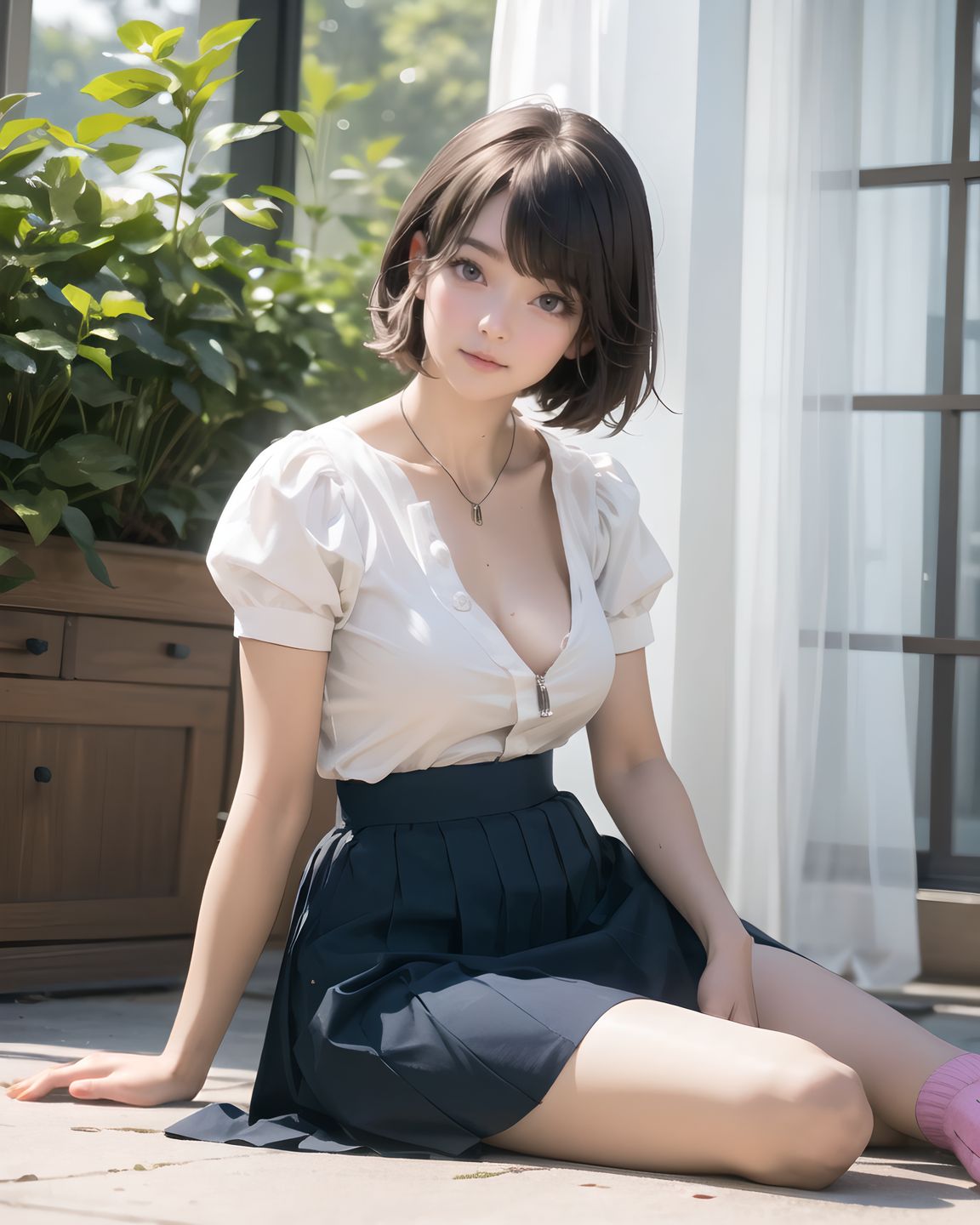 (masterpiece:1.3), (best quality:1.3), (photo-realistic:1.4), real person, (cute girl:1.2), kawaii, idol face, stylish short cut hair, A charming 20-year-old Japanese college girl, RUNA, in a cozy cafe, wearing a pastel pink Lolita dress with sheer lace sleeves, delicate ribbons, and a slightly raised skirt revealing soft thighs, her short black hair with bangs styled elegantly, a gentle smile with a hint of shyness, blushing cheeks, large sparkling eyes reflecting curiosity, soft sunlight filtering through a window, casting gentle shadows on her smooth skin, surrounded by coffee cups and pastries, 2.5D anime style, ultra-detailed, 8K resolution, vibrant colors, shallow depth of field with 50mm f/1.2 lens, focus on her expressive face and intricate dress textures, cinematic lighting, kawaii aesthetic.
((sitting position, skirt lifted between sock lines, ):1.8),
((half-turned body, glancing back nervously, ):1.4),
(zipper halfway undone, breasts slightly exposed, :1.5)?
gripping sheets, arching back, ,
licking lips, intense gaze,,
(masterpiece:1.5), (best quality:1.5), (photo-realistic:1.6), ultra-detailed, ultra-high resolution, 8k, HDR, Raw Photo, professional photography, insanely-detailed, every detail reproduced clearly, cinematic lighting, high dynamic range, natural color grading, soft natural background, serene outdoor setting, lush greenery, delicate bokeh of distant trees, subtle sunlight filtering through leaves, natural textures of grass and foliage, gentle atmospheric haze, low angle, depth of field, f/1.8 lens bokeh, sharp focus on foreground, realistic shading, subtle environmental imperfections, tranquil and graceful ambiance,, (highlighting sweat on her collarbone and the wetness in her eyes), (Playful simulated sex through costume role-playing), ,