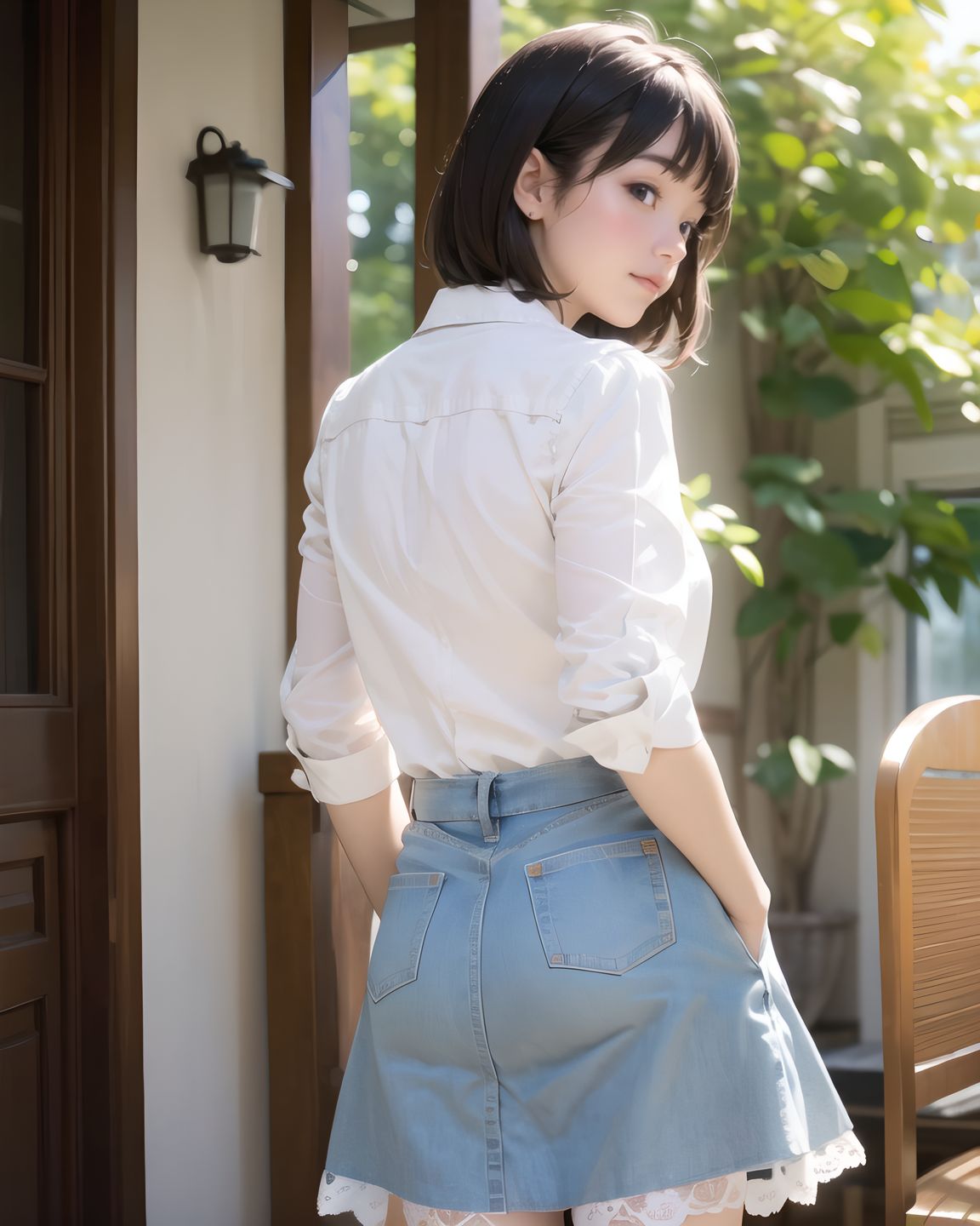 (masterpiece:1.3), (best quality:1.3), (photo-realistic:1.4), real person, (cute girl:1.2), kawaii, idol face, stylish short cut hair, A charming 20-year-old Japanese college girl, RUNA, in a cozy cafe, wearing a pastel pink Lolita dress with sheer lace sleeves, delicate ribbons, and a slightly raised skirt revealing soft thighs, her short black hair with bangs styled elegantly, a gentle smile with a hint of shyness, blushing cheeks, large sparkling eyes reflecting curiosity, soft sunlight filtering through a window, casting gentle shadows on her smooth skin, surrounded by coffee cups and pastries, 2.5D anime style, ultra-detailed, 8K resolution, vibrant colors, shallow depth of field with 50mm f/1.2 lens, focus on her expressive face and intricate dress textures, cinematic lighting, kawaii aesthetic.
((camera angle from behind, kneesocks focus, ):1.8),
((shirt half-off, unsure whether to remove it further, ):1.4),
(shirt caught above chest, arms raised, :1.5)?
embarrassed glance, looking away, ,
embarrassed glance, looking away,,
(masterpiece:1.5), (best quality:1.5), (photo-realistic:1.6), ultra-detailed, ultra-high resolution, 8k, HDR, Raw Photo, professional photography, insanely-detailed, every detail reproduced clearly, cinematic lighting, high dynamic range, natural color grading, soft natural background, serene outdoor setting, lush greenery, delicate bokeh of distant trees, subtle sunlight filtering through leaves, natural textures of grass and foliage, gentle atmospheric haze, low angle, depth of field, f/1.8 lens bokeh, sharp focus on foreground, realistic shading, subtle environmental imperfections, tranquil and graceful ambiance,, (harsh directional light exaggerating the trembling in her body and the tightness of her clothes), (Scenes from unedited adult videos filmed for masturbation), ,