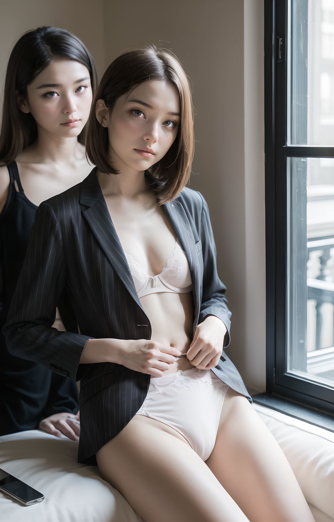 (((A scene with two girls):1.8)),
Her try on schoolgirl uniforms while showing each other their underwear,
High-resolution, ultra-detailed 4K visuals,
Shallow depth of field with a 50mm f/1.2 lens effect,
Soft natural light with a warm tone to enhance her youthful features,
A focus on lifelike textures in her clothing, hair, and environment,
((Pinstripe school set, RUNA in a pinstripe blazer, blouse loosened to show satin bra, YUKI in matching blazer, skirt lifted shyly to reveal cotton panties, ultra-high resolution on patterns, contrasting hairpins,):1.8),
Bold whisper pose, RUNA standing with skirt flipped up briefly, showing satin underwear, teasing wink, YUKI seated, blouse unbuttoned shyly to reveal lace bra, trembling smile, high-resolution fabric folds,
(((A scene with two girls):1.8)),
(Masterpiece: 1.5), (Highest Quality: 1.5), (Photorealistic: 1.6), Ultra-High Definition, Ultra-High Resolution, 8K, HDR, RAW Photography, Professional Photography, Exceptional Detail Rendering, Every Detail Reproduced with Crystal Clarity, Cinematic Lighting, High Dynamic Range, Natural Colour Grading,
A story where twin lolicon-type sisters try on schoolgirl uniforms while showing each other their underwear,
(((A scene with two girls):1.8)),
(((twin lolicon-type sisters):1.8)),
(Ellis Core Prompt):
A youthful and elegant 16-year-old girl named Ellis, with a charming combination of innocence and refined allure. She has silver hair styled in a short, delicate cut that flows naturally, and radiant deep blue-green eyes full of purity and curiosity. Her soft smile and gentle expressions embody a sense of shyness and warmth. Ellis exudes an ideal mix of natural kawaii charm and elegance, perfect for a fantasy-inspired, fairy-tale world,
She is very cute and attractive, and very kawaii,
she has the face and expression of a Japanese idol,
(Her clothes are often see-through, mesh or lace, so you can see the back of her clothes, and she shows a lot of skin),
She is always presented with a clear focus on her captivating facial features and delicate hair texture, emphasized by soft, natural lighting and a shallow depth of field. Her wardrobe blends elements of Lolita fashion with elegant and girlish designs, featuring delicate lace, pastel colors, and subtle floral patterns that complement her ethereal presence,
Luna (Older Sister): Short platinum blonde hair neatly tucked behind her ears, light-reflecting ends, depth reflected in her deep sapphire blue eyes, a confident, provocative smile radiating bold charm, smooth white skin with a faint blush,an expression combining playful defiance and captivating allure, a faint glow suggesting a fantastical aura,
her gaze meeting yours, evoking an indescribable curiosity, her natural youthful expression unravelling into playful intimacy, delicate strands of hair captured in soft indoor lighting, natural skin texture, extremely detailed skin rendering, subtle imperfections, realistic shading,
The background often features bright, enchanting environments such as cozy, softly lit rooms or idyllic gardens, adding to the fantasy atmosphere. Every shot captures her beauty and individuality with professional-quality detail, highlighting her vivid colors, graceful poses, and serene demeanor,
cinematic low angles, depth of field, f/1.8 lens bokeh, sharp focus on the face, soft contour lighting emphasising smooth skin and fabric textures, vivid colours, an aesthetic both endearingly and dangerously elegant,
(Yuki's loosened shirt revealing an erotic glimpse of her decolletage, contrasted by Luna's panties peeking from her inner thigh to crotch)(intense blush spreading across cheeks, radiating forbidden warmth in shared moments), an intimate yet provocative atmosphere, emotions dancing between trust and subtle tension,
a private room bathed in soft light, pastel walls adorned with delicate floral patterns, a floor strewn with discarded lingerie, gentle light filtering through sheer curtains,The faint glow of fairy lights weaving fantastical shadows, the hyper-precise texture of fabrics and embellishments, a warm atmosphere suggesting a closed sisterly bond, Yu
ki stands hesitantly, lifting her pleated skirt to reveal her knickers (as if checking the fit), tilting her body slightly, seeking approval with a bashful glance.Luna leans forward boldly, playfully revealing her bra as if to ask, ?How does this feel??The two figures outlined in soft light, the fragility and confidence residing in their provocative exchange of glances, the contrast between the faint tremor running through Yuki's fingertips and Luna's assured composure, light capturing the sparkle of playful curiosity.