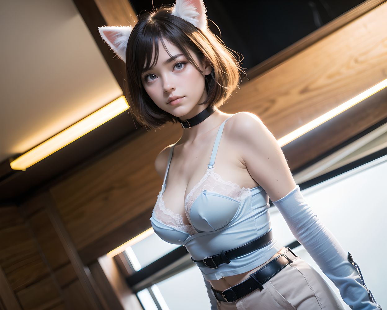 ((Midnight Starlit Savanna with violet grass under multicolored stars, ethereal hoofprints fading, crimson-pulsing obsidian monoliths, meteor trails casting shadows, melodic chant in cool breeze, radiating cosmic mystery,):1.6),
((Blouse misaligned, chest gap showing bra lace, tugging fabric, watery eyes,):1.9),
(elegant lolita fashion dress:1.6), (delicate lace blouse:1.4), (floral pastel skirt:1.4), (frilly pastel outfit:1.5)
?Nelly the Thief?
innocent charm, cute pose, girlish elegance, pastel tones, soft frills,
((?
Nelly is a young cat-eared phantom thief. She is cunning and quick, and her unique cat-like expression is full of a playful and mischievous charm. Her (light blue bob cut) with bangs flowing diagonally makes her golden eyes look even sharper. Her cat ears add a whimsical charm to her appearance.
She wears (white tank top) and high-waisted black leather shorts have multiple pockets, and her belt, with its golden accents, is equipped with a small dagger and a set of tools.
She is complete with leather gloves and thick wrist cuffs on her arms, and black knee-high stockings and smart leather boots on her feet.
):1.3),
oval delicate face, defined jawline, almond-shaped blue-gray eyes, light brown wavy hair, high nose bridge, shy gentle smile,
long oval face, sharp jawline, slightly serious look, almond green-gray eyes, braided chestnut hair with ribbons, dignified aura,
soft oval Slavic face, large watery blue-gray eyes, light brown slightly curly hair, slender nose, calm and innocent expression,
delicate oval face, subtle blush, piercing blue eyes, chestnut brown hair in natural waves, graceful shy smile,
refined face with high cheekbones, almond-shaped gray-blue eyes, dark blonde wavy hair, subtle elegant smile,
Firm large breasts with lifted shape, Slim waist with toned abdomen, Long slender legs with graceful lines, Voluptuous glamorous figure with adult allure,
((Large soft breasts with natural bounce, Slightly narrow waist with a clear curve, Thighs moderately fleshy with slender calves, Delicate youthful body emphasizing innocence, Cute charm with chest standing out,)),
(masterpiece:1.5),(best quality:1.5),(super quality:1.5),(ultra detailed:1.5),(extremely detailed skin:1.5),high-resolution,Raw Photo,4k,8k,
childy face, (17yo:1.5),
close-up shot, Low angles, taken to show her in the lead role,
turn to look at us and make eye contact with us,
A captivating look,
Photogenic,
Attractive appearance,
Innocence,
Flirtatious expression,
Lolita taste,
Pure and innocent girl,
Fresh pose,
bright midday light with clear shadows