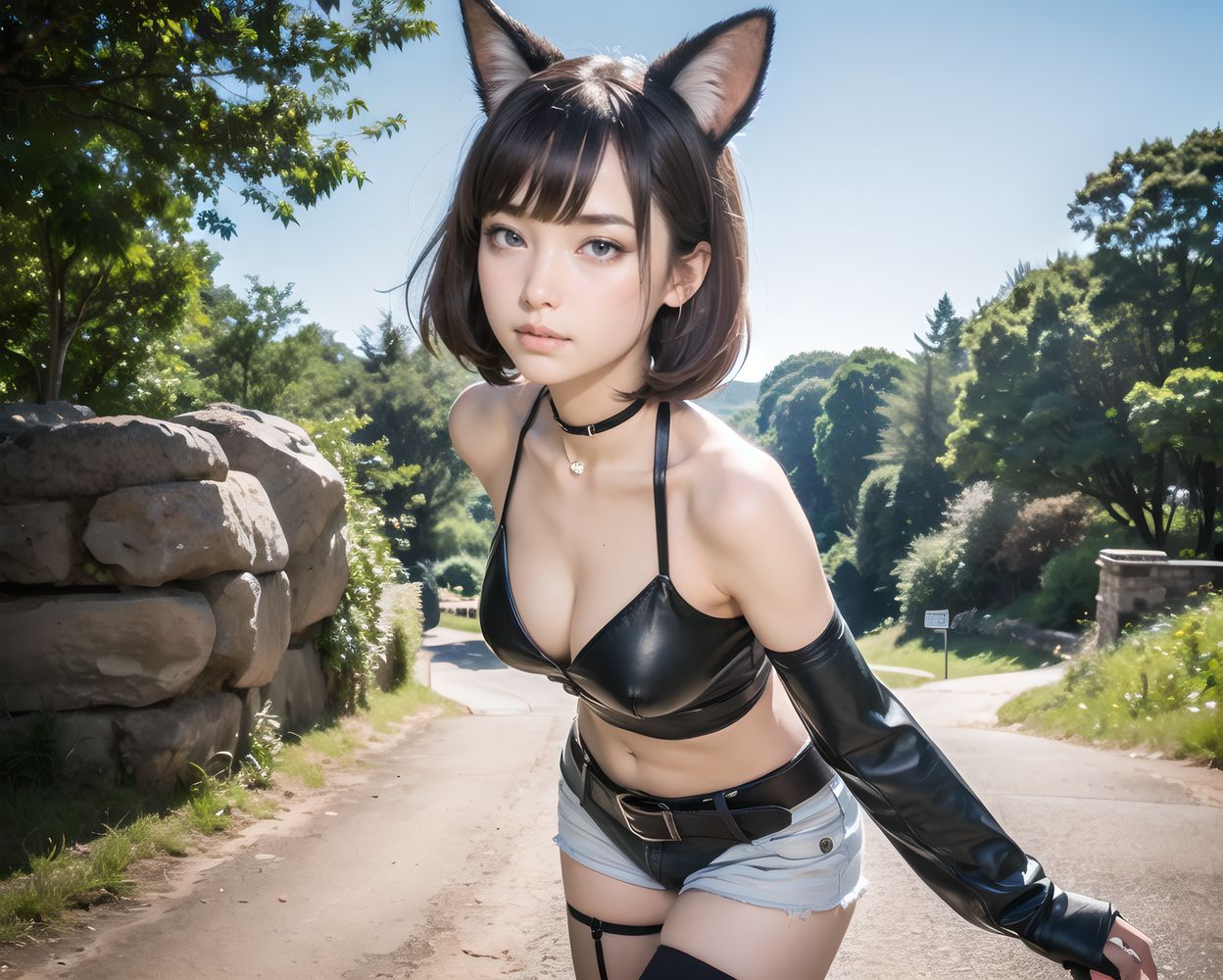 ((Afternoon Starfall Cliffs with star-gemmed granite, rainbow-hued waterfalls, luminescent ivy, stardust arcs in sky, metallic tang in warm wind, evoking cosmic grandeur,):1.6),
((Blazer tight, button about to pop, neckline gaping, bitten lip, sweat beads,):1.9),
(elegant lolita fashion dress:1.6), (delicate lace blouse:1.4), (floral pastel skirt:1.4), (frilly pastel outfit:1.5)
?Nelly the Thief?
innocent charm, cute pose, girlish elegance, pastel tones, soft frills,
((?
Nelly is a young cat-eared phantom thief. She is cunning and quick, and her unique cat-like expression is full of a playful and mischievous charm. Her (light blue bob cut) with bangs flowing diagonally makes her golden eyes look even sharper. Her cat ears add a whimsical charm to her appearance.
She wears (white tank top) and high-waisted black leather shorts have multiple pockets, and her belt, with its golden accents, is equipped with a small dagger and a set of tools.
She is complete with leather gloves and thick wrist cuffs on her arms, and black knee-high stockings and smart leather boots on her feet.
):1.3),
oval delicate face, defined jawline, almond-shaped blue-gray eyes, light brown wavy hair, high nose bridge, shy gentle smile,
long oval face, sharp jawline, slightly serious look, almond green-gray eyes, braided chestnut hair with ribbons, dignified aura,
soft oval Slavic face, large watery blue-gray eyes, light brown slightly curly hair, slender nose, calm and innocent expression,
delicate oval face, subtle blush, piercing blue eyes, chestnut brown hair in natural waves, graceful shy smile,
refined face with high cheekbones, almond-shaped gray-blue eyes, dark blonde wavy hair, subtle elegant smile,
Firm large breasts with lifted shape, Slim waist with toned abdomen, Long slender legs with graceful lines, Voluptuous glamorous figure with adult allure,
((Large soft breasts with natural bounce, Slightly narrow waist with a clear curve, Thighs moderately fleshy with slender calves, Delicate youthful body emphasizing innocence, Cute charm with chest standing out,)),
(masterpiece:1.5),(best quality:1.5),(super quality:1.5),(ultra detailed:1.5),(extremely detailed skin:1.5),high-resolution,Raw Photo,4k,8k,
childy face, (17yo:1.5),
close-up shot, Low angles, taken to show her in the lead role,
turn to look at us and make eye contact with us,
A captivating look,
Photogenic,
Attractive appearance,
Innocence,
Flirtatious expression,
Lolita taste,
Pure and innocent girl,
Fresh pose,
warm golden sunlight at sunset, dreamy glow