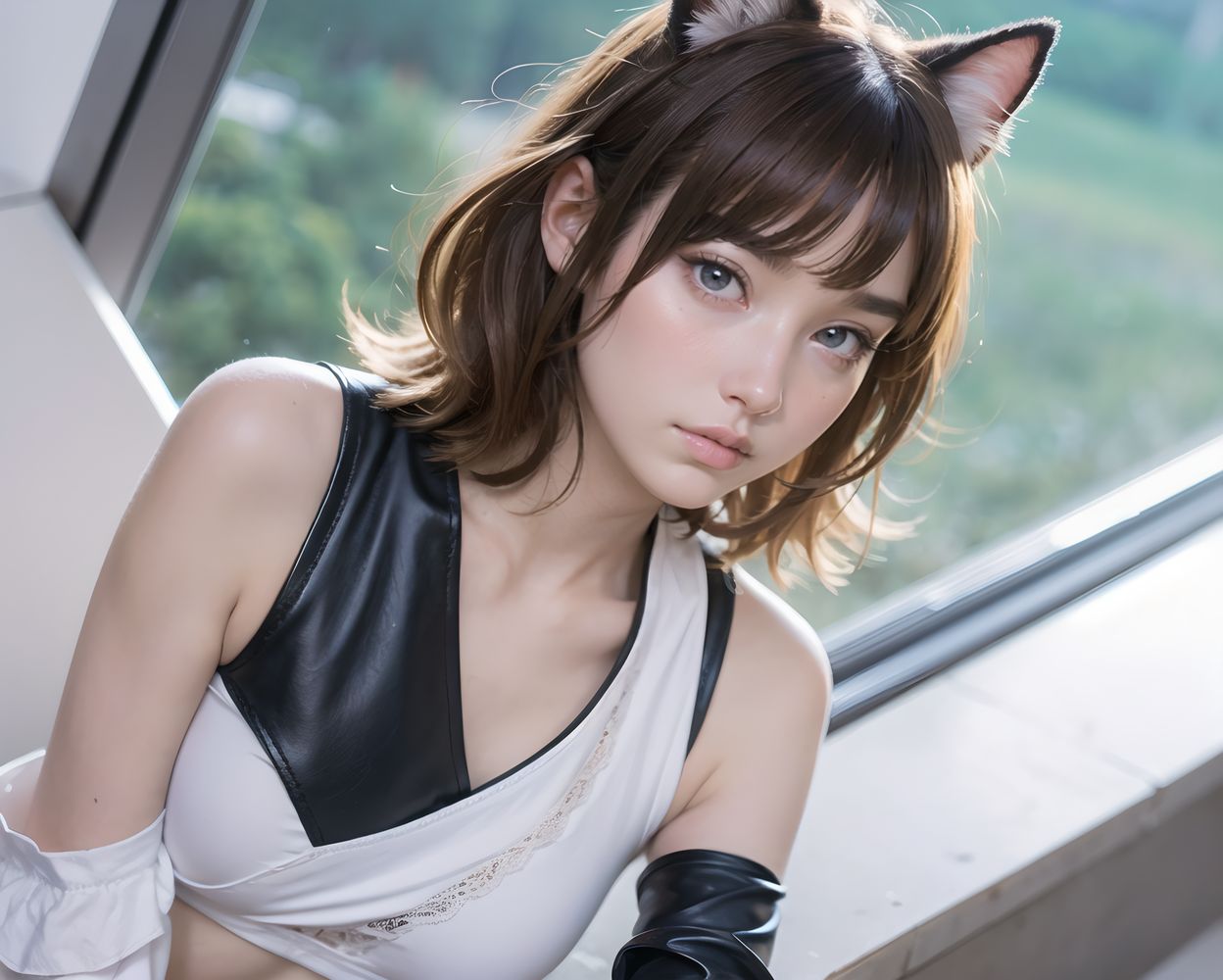 ((Foggy Lunar Ravine with silver fog around obsidian cliffs, glowing moonflowers, blue-pulsing ancient carvings, crystalline chime echoes, cool lunar-scented air, eerie mystical allure,):1.6),
((Blazer rolled sleeves, blouse wet, translucent fabric, panic expression,):1.9),
(elegant lolita fashion dress:1.6), (delicate lace blouse:1.4), (floral pastel skirt:1.4), (frilly pastel outfit:1.5)
?Nelly the Thief?
innocent charm, cute pose, girlish elegance, pastel tones, soft frills,
((?
Nelly is a young cat-eared phantom thief. She is cunning and quick, and her unique cat-like expression is full of a playful and mischievous charm. Her (light blue bob cut) with bangs flowing diagonally makes her golden eyes look even sharper. Her cat ears add a whimsical charm to her appearance.
She wears (white tank top) and high-waisted black leather shorts have multiple pockets, and her belt, with its golden accents, is equipped with a small dagger and a set of tools.
She is complete with leather gloves and thick wrist cuffs on her arms, and black knee-high stockings and smart leather boots on her feet.
):1.3),
oval delicate face, defined jawline, almond-shaped blue-gray eyes, light brown wavy hair, high nose bridge, shy gentle smile,
long oval face, sharp jawline, slightly serious look, almond green-gray eyes, braided chestnut hair with ribbons, dignified aura,
soft oval Slavic face, large watery blue-gray eyes, light brown slightly curly hair, slender nose, calm and innocent expression,
delicate oval face, subtle blush, piercing blue eyes, chestnut brown hair in natural waves, graceful shy smile,
refined face with high cheekbones, almond-shaped gray-blue eyes, dark blonde wavy hair, subtle elegant smile,
Firm large breasts with lifted shape, Slim waist with toned abdomen, Long slender legs with graceful lines, Voluptuous glamorous figure with adult allure,
((Large soft breasts with natural bounce, Slightly narrow waist with a clear curve, Thighs moderately fleshy with slender calves, Delicate youthful body emphasizing innocence, Cute charm with chest standing out,)),
(masterpiece:1.5),(best quality:1.5),(super quality:1.5),(ultra detailed:1.5),(extremely detailed skin:1.5),high-resolution,Raw Photo,4k,8k,
childy face, (17yo:1.5),
close-up shot, Low angles, taken to show her in the lead role,
turn to look at us and make eye contact with us,
A captivating look,
Photogenic,
Attractive appearance,
Innocence,
Flirtatious expression,
Lolita taste,
Pure and innocent girl,
Fresh pose,
bright midday light with clear shadows