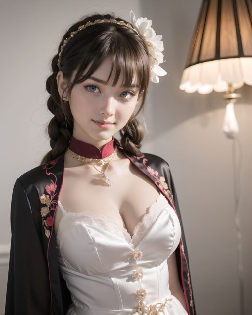 ?Beautiful detailed background?
((Dusk Loire Valley castle grounds with stone walls bathed in sunset hues, vineyards stretching out in rows, rivers flowing quietly below, birds nesting in towers, formal gardens manicured, warm air with grape scents,):1.6), 

?Beautiful costumes that flatter the girl?
((Black satin magical girl dress with crimson rose embroidery, paired with a sheer cape and gold chain accents,):1.9), 

?A pose that radiates her inner charm?
((Standing with one leg forward, skirt lifted subtly,)), 

(elegant lolita fashion dress:1.6), (delicate lace blouse:1.4), (floral pastel skirt:1.4), (frilly pastel outfit:1.5), 

?RUNA?
innocent charm, cute pose, girlish elegance, pastel tones, soft frills,

((
(masterpiece:1.3), (best quality:1.3),(photo-realistic:1.5),real person,
(cute girl:1.2),kawaii,idol face,(12 years old young girl:1.3),

Innocent pure and charming 16-year-old girl, 
Innocent, youthful expression, gentle smile, shy demeanour,

Embarrassed Idol smile,

dark deep Blue green eyes, shining with purity,
stylish short cut, delicate flow of hair, 

Facing the camera, making eye contact, embodying childlike wonder, 

Soft, natural posture, youthful, graceful shot, 

flirtatious eyes expression,, an ideal blend of innocence and enchantment, 
Embodies the popular kawaii girl,
Elements of Lolita fashion, fresh and pure poses, exuding natural charm, 


The low angle emphasises her kawaii and highlights the fine textures of her hair and clothes, 
Natural light casts soft shadows and highlights the contours of her youthful face, 


Bringing her into sharp focus,
High resolution, detailed graphics, 
vivid colors, professional quality,


Ultra-high resolution, capturing every detail from individual strands of hair to the intricate fabrics of her costume,
Professional-grade clarity and contrast bring the vibrant colours to life,

beautiful detailed eyes,
(baby face:1.4),
(smile:1.4),blush,(soft and smooth skin:1.2),(oily skin:1.2),
(medium breasts:1.2),

(bangs cut, beautiful hair:1.6),braids,Headband Alice band,

concept art,
texture,Exquisite and beautiful backgrounds,
absolutely resolution, ultra detaile,intricate,
(8k:1.3),CG, unity , 2k wallpaper,absurdres,
):1.3),


oval delicate face, defined jawline, almond-shaped blue-gray eyes, light brown wavy hair, high nose bridge, shy gentle smile,
long oval face, sharp jawline, slightly serious look, almond green-gray eyes, braided chestnut hair with ribbons, dignified aura,
soft oval Slavic face, large watery blue-gray eyes, light brown slightly curly hair, slender nose, calm and innocent expression,
delicate oval face, subtle blush, piercing blue eyes, chestnut brown hair in natural waves, graceful shy smile,
refined face with high cheekbones, almond-shaped gray-blue eyes, dark blonde wavy hair, subtle elegant smile,

Firm large breasts with lifted shape, Slim waist with toned abdomen, Long slender legs with graceful lines, Voluptuous glamorous figure with adult allure,


((Large soft breasts with natural bounce, Slightly narrow waist with a clear curve, Thighs moderately fleshy with slender calves, Delicate youthful body emphasizing innocence, Cute charm with chest standing out,)),

(masterpiece:1.5),(best quality:1.5),(super quality:1.5),(ultra detailed:1.5),(extremely detailed skin:1.5),high-resolution,Raw Photo,4k,8k,
childy face, (17yo:1.5),



close-up shot, Low angles, taken to show her in the lead role,
turn to look at us and make eye contact with us,
A captivating look,
Photogenic,
Attractive appearance,
Innocence,
Flirtatious expression,
Lolita taste,
Pure and innocent girl,
Fresh pose,



bright midday light with clear shadows