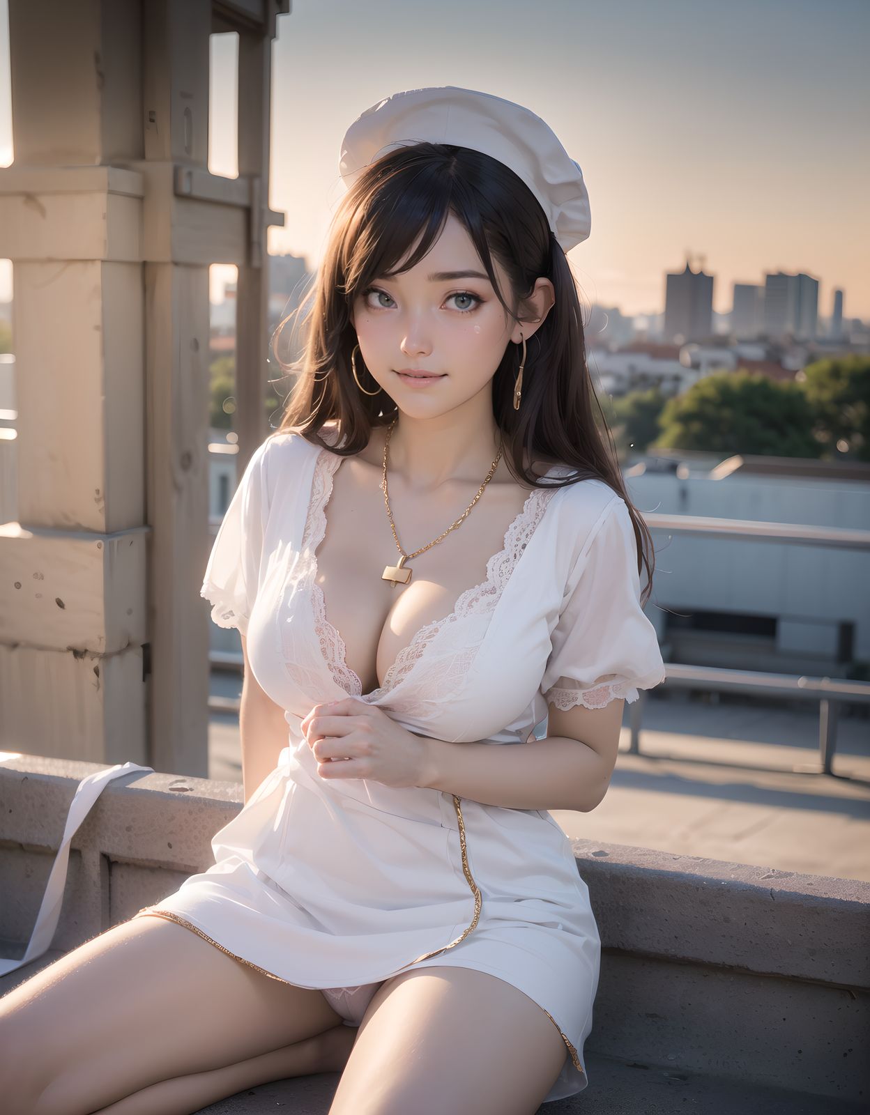 (((((
adorable junior nurse cosplayer on forbidden after-school rooftop rendezvous with senpai, silky brown semi-long hair in high fluffy ponytail with bouncy volume and wind-tossed loose strands framing round cheeks catching microscopic dust in golden light, large round bright brown eyes with long fluttering lashes reflecting sunset and crystalline excitement tears, pupils dilated with anticipation, 152cm petite chubby figure trembling with nervous energy, plump bust rising rapidly beneath straining white nurse dress with pink cross embroidery on pocket, second button visibly stressed with tiny white threads pulling, soft thighs spread wide on sun-warmed metal bench creating subtle skin imprint, healthy fair skin covered in faint goosebumps and delicate sweat sheen from rooftop heat, wearing perfectly fitted white nurse cosplay dress with short sleeves and hem riding up thighs, frilly white cap tilted cutely with pink ribbon fluttering, red stethoscope draped around neck with earpieces dangling in deep shadowed cleavage formed by arms pressing ample breasts together, cleavage glistening with fine perspiration beads, kneeling on rooftop bench with knees apart on textured surface creating gentle depression, looking up with vulnerable shy smile revealing small dimples and slightly parted lips with subtle tongue tip, in school rooftop at golden hour with rusted chain-link fence topped with barbed wire casting linear shadows, distant city skyline with first lights twinkling on, warm sunset light streaming through scattered clouds creating dramatic god rays and lens flare, rim lighting tracing every hair strand and dress contour with microscopic edge glow, ultra-shallow depth of field with hyper-creamy bokeh of blurred water tower and antenna, every fabric thread, skin pore, and wind ripple rendered in 8k detail, masterpiece, best quality, ultra-detailed, sharp focus, (8k resolution:1.1), intricate details, cinematic lighting, depth of field,
)))))
**KAWAII**
(cute smile girl with a perfect style, very detailed facial texture:1.3), (idol face:1.5), fine particles, (kawaii face:1.6),kind eyes,young face, childish,
(smile and blushing expression:1.4),looking at me,beautiful skin, intricate details,artistic realism,(deep, dark eye colour),
**Hentai and Perverted Elements**
Semi-naked with uniform partially undone, bra exposed revealing breasts,
flushed with embarrassment, striking a sensual, glamorous pose.