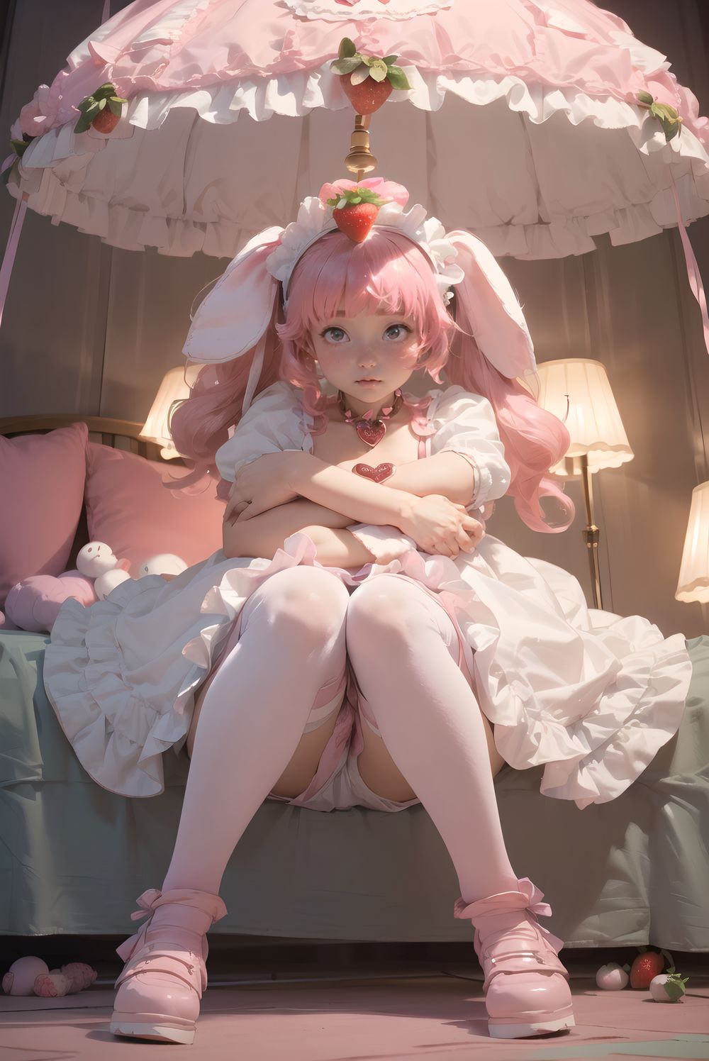 (((((

adorable bunny maid, pink twintails with fluffy curls, large heart-shaped lavender eyes, 145cm chubby soft build, small bust, thick thighs, milky skin with puffy cheeks, wearing pink-white frilly maid dress with heart cutout and strawberry apron, bunny ears headband, bell collar and cuffs, fluffy tail, knee-high socks, pink enamel shoes, sitting on floor hugging plushie, looking up with needy eyes, luxurious bedroom with canopy bed piled with stuffed animals, strawberry milk lamp pink glow, masterpiece, best quality, ultra-detailed, sharp focus, (8k resolution:1.1), cinematic lighting, depth of field

)))))
