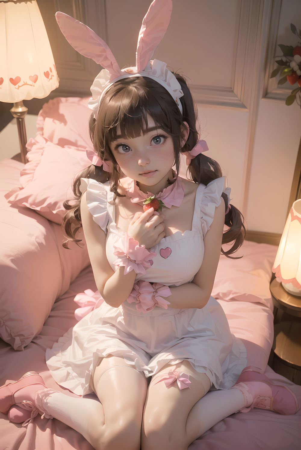 (((((
adorable bunny maid, pink twintails with fluffy curls, large heart-shaped lavender eyes, 145cm chubby soft build, small bust, thick thighs, milky skin with puffy cheeks, wearing pink-white frilly maid dress with heart cutout and strawberry apron, bunny ears headband, bell collar and cuffs, fluffy tail, knee-high socks, pink enamel shoes, sitting on floor hugging plushie, looking up with needy eyes, luxurious bedroom with canopy bed piled with stuffed animals, strawberry milk lamp pink glow, masterpiece, best quality, ultra-detailed, sharp focus, (8k resolution:1.1), cinematic lighting, depth of field
)))))
