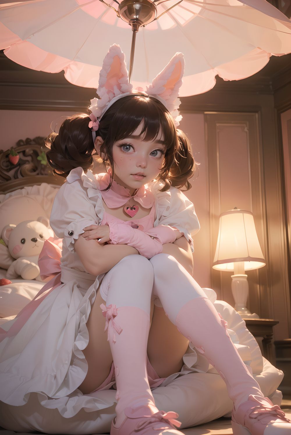 (((((
adorable bunny maid, pink twintails with fluffy curls, large heart-shaped lavender eyes, 145cm chubby soft build, small bust, thick thighs, milky skin with puffy cheeks, wearing pink-white frilly maid dress with heart cutout and strawberry apron, bunny ears headband, bell collar and cuffs, fluffy tail, knee-high socks, pink enamel shoes, sitting on floor hugging plushie, looking up with needy eyes, luxurious bedroom with canopy bed piled with stuffed animals, strawberry milk lamp pink glow, masterpiece, best quality, ultra-detailed, sharp focus, (8k resolution:1.1), cinematic lighting, depth of field
)))))