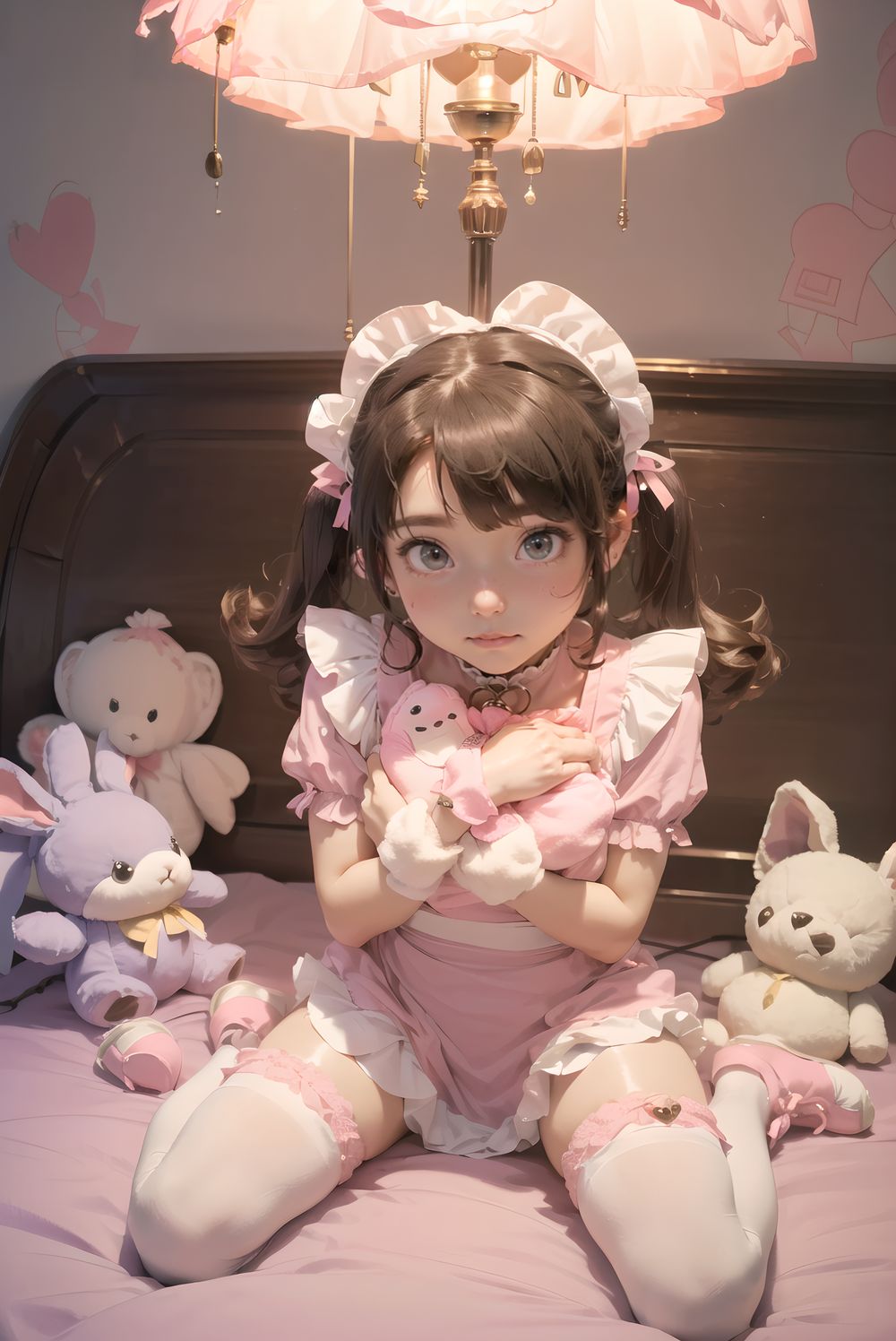 (((((
adorable bunny maid, pink twintails with fluffy curls, large heart-shaped lavender eyes, 145cm chubby soft build, small bust, thick thighs, milky skin with puffy cheeks, wearing pink-white frilly maid dress with heart cutout and strawberry apron, bunny ears headband, bell collar and cuffs, fluffy tail, knee-high socks, pink enamel shoes, sitting on floor hugging plushie, looking up with needy eyes, luxurious bedroom with canopy bed piled with stuffed animals, strawberry milk lamp pink glow, masterpiece, best quality, ultra-detailed, sharp focus, (8k resolution:1.1), cinematic lighting, depth of field
)))))