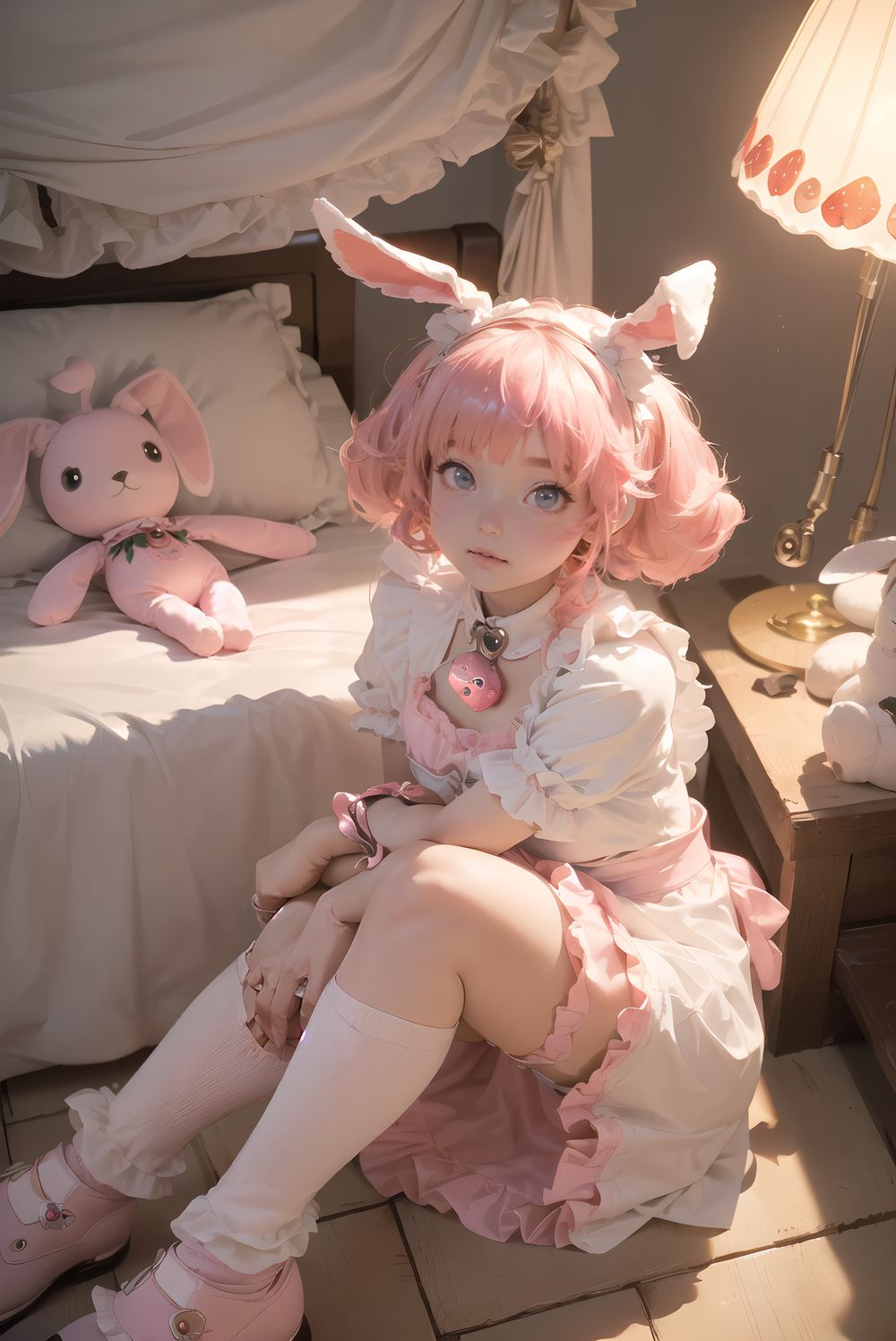 (((((
adorable bunny maid, pink twintails with fluffy curls, large heart-shaped lavender eyes, 145cm chubby soft build, small bust, thick thighs, milky skin with puffy cheeks, wearing pink-white frilly maid dress with heart cutout and strawberry apron, bunny ears headband, bell collar and cuffs, fluffy tail, knee-high socks, pink enamel shoes, sitting on floor hugging plushie, looking up with needy eyes, luxurious bedroom with canopy bed piled with stuffed animals, strawberry milk lamp pink glow, masterpiece, best quality, ultra-detailed, sharp focus, (8k resolution:1.1), cinematic lighting, depth of field
)))))