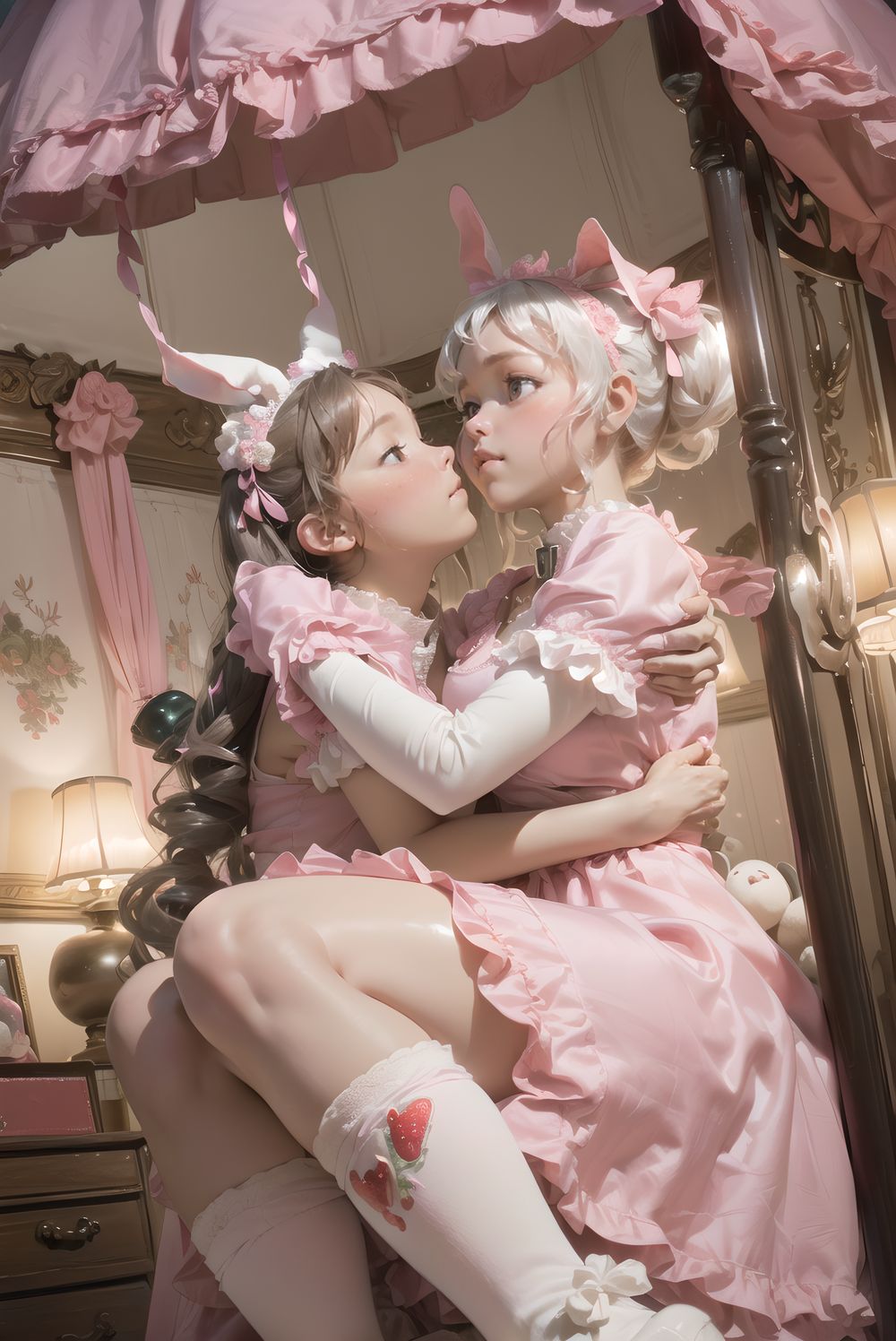 (((((
sweet junior bunny maid waiting for master in his bedroom, fluffy pink twintails with bouncy curls and strawberry clips, large heart-shaped lavender eyes sparkling with longing, 145cm chubby soft figure, small perky bust, thick plush thighs, milky skin with rosy puffy cheeks, wearing frilly pink-white maid dress with heart-shaped chest window and embroidered strawberry apron, long floppy bunny ears with pink lining, silver bell collar chiming softly, ribbon cuffs with tiny bells, fluffy white tail with pink bow, knee-high white socks with heart lace, glossy pink mary janes, sitting cross-legged on plush carpet hugging oversized teddy bear, looking up with pleading expression and slight pout, opulent bedroom with four-poster canopy bed draped in pink silk and piled high with plushies, strawberry milk bedside lamp casting warm pink glow, faint scent of vanilla, masterpiece, best quality, ultra-detailed, sharp focus, (8k resolution:1.1), cinematic lighting, depth of field
)))))