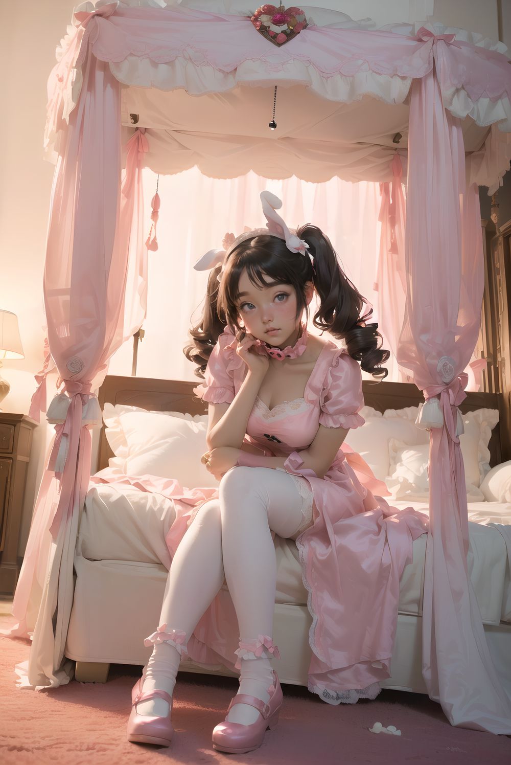 (((((
sweet junior bunny maid waiting for master in his bedroom, fluffy pink twintails with bouncy curls and strawberry clips, large heart-shaped lavender eyes sparkling with longing, 145cm chubby soft figure, small perky bust, thick plush thighs, milky skin with rosy puffy cheeks, wearing frilly pink-white maid dress with heart-shaped chest window and embroidered strawberry apron, long floppy bunny ears with pink lining, silver bell collar chiming softly, ribbon cuffs with tiny bells, fluffy white tail with pink bow, knee-high white socks with heart lace, glossy pink mary janes, sitting cross-legged on plush carpet hugging oversized teddy bear, looking up with pleading expression and slight pout, opulent bedroom with four-poster canopy bed draped in pink silk and piled high with plushies, strawberry milk bedside lamp casting warm pink glow, faint scent of vanilla, masterpiece, best quality, ultra-detailed, sharp focus, (8k resolution:1.1), cinematic lighting, depth of field
)))))