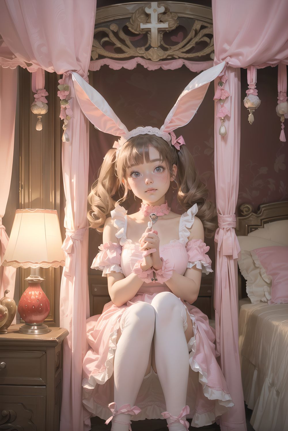 (((((

sweet junior bunny maid waiting for master in his bedroom, fluffy pink twintails with bouncy curls and strawberry clips, large heart-shaped lavender eyes sparkling with longing, 145cm chubby soft figure, small perky bust, thick plush thighs, milky skin with rosy puffy cheeks, wearing frilly pink-white maid dress with heart-shaped chest window and embroidered strawberry apron, long floppy bunny ears with pink lining, silver bell collar chiming softly, ribbon cuffs with tiny bells, fluffy white tail with pink bow, knee-high white socks with heart lace, glossy pink mary janes, sitting cross-legged on plush carpet hugging oversized teddy bear, looking up with pleading expression and slight pout, opulent bedroom with four-poster canopy bed draped in pink silk and piled high with plushies, strawberry milk bedside lamp casting warm pink glow, faint scent of vanilla, masterpiece, best quality, ultra-detailed, sharp focus, (8k resolution:1.1), cinematic lighting, depth of field

)))))