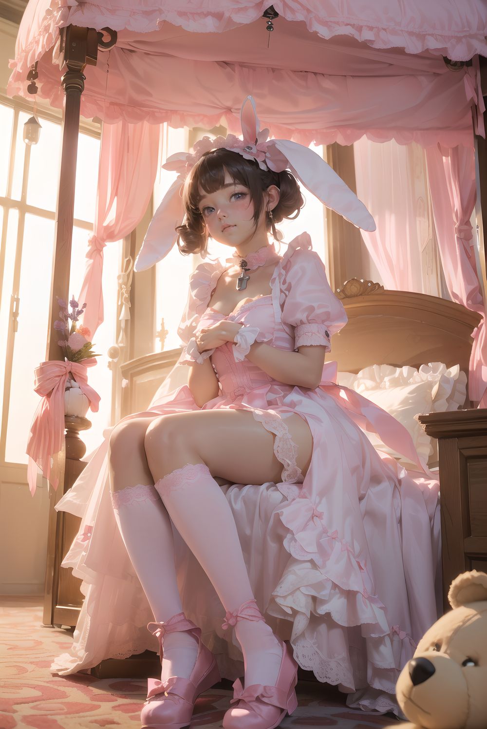 (((((
sweet junior bunny maid waiting for master in his bedroom, fluffy pink twintails with bouncy curls and strawberry clips, large heart-shaped lavender eyes sparkling with longing, 145cm chubby soft figure, small perky bust, thick plush thighs, milky skin with rosy puffy cheeks, wearing frilly pink-white maid dress with heart-shaped chest window and embroidered strawberry apron, long floppy bunny ears with pink lining, silver bell collar chiming softly, ribbon cuffs with tiny bells, fluffy white tail with pink bow, knee-high white socks with heart lace, glossy pink mary janes, sitting cross-legged on plush carpet hugging oversized teddy bear, looking up with pleading expression and slight pout, opulent bedroom with four-poster canopy bed draped in pink silk and piled high with plushies, strawberry milk bedside lamp casting warm pink glow, faint scent of vanilla, masterpiece, best quality, ultra-detailed, sharp focus, (8k resolution:1.1), cinematic lighting, depth of field
)))))