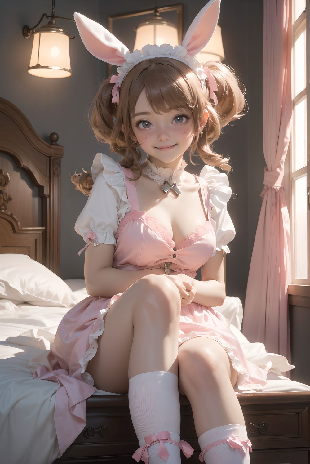 (((((
sweet junior bunny maid waiting for master in his bedroom, fluffy pink twintails with bouncy curls and strawberry clips, large heart-shaped lavender eyes sparkling with longing, 145cm chubby soft figure, small perky bust, thick plush thighs, milky skin with rosy puffy cheeks, wearing frilly pink-white maid dress with heart-shaped chest window and embroidered strawberry apron, long floppy bunny ears with pink lining, silver bell collar chiming softly, ribbon cuffs with tiny bells, fluffy white tail with pink bow, knee-high white socks with heart lace, glossy pink mary janes, sitting cross-legged on plush carpet hugging oversized teddy bear, looking up with pleading expression and slight pout, opulent bedroom with four-poster canopy bed draped in pink silk and piled high with plushies, strawberry milk bedside lamp casting warm pink glow, faint scent of vanilla, masterpiece, best quality, ultra-detailed, sharp focus, (8k resolution:1.1), cinematic lighting, depth of field
)))))
**KAWAII**
(cute KAWAII girl with a perfect style, very detailed facial texture:1.3), (idol face:1.5), fine particles, (kawaii face:1.6),kind eyes,young face, childish,
(blushing smile expression:1.4),looking at me,beautiful skin, intricate details,artistic realism,(deep, dark eye colour),
**Hentai and Perverted Elements**
Semi-naked with uniform partially undone, bra exposed revealing breasts,
flushed with embarrassment, striking a sensual, glamorous pose.