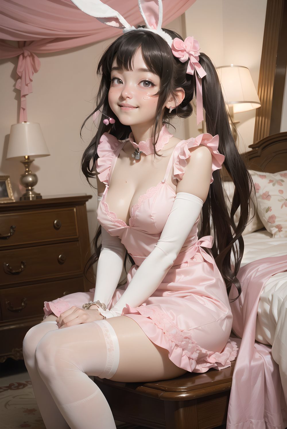 (((((
sweet junior bunny maid waiting for master in his bedroom, fluffy pink twintails with bouncy curls and strawberry clips, large heart-shaped lavender eyes sparkling with longing, 145cm chubby soft figure, small perky bust, thick plush thighs, milky skin with rosy puffy cheeks, wearing frilly pink-white maid dress with heart-shaped chest window and embroidered strawberry apron, long floppy bunny ears with pink lining, silver bell collar chiming softly, ribbon cuffs with tiny bells, fluffy white tail with pink bow, knee-high white socks with heart lace, glossy pink mary janes, sitting cross-legged on plush carpet hugging oversized teddy bear, looking up with pleading expression and slight pout, opulent bedroom with four-poster canopy bed draped in pink silk and piled high with plushies, strawberry milk bedside lamp casting warm pink glow, faint scent of vanilla, masterpiece, best quality, ultra-detailed, sharp focus, (8k resolution:1.1), cinematic lighting, depth of field
)))))
**KAWAII**
(cute KAWAII girl with a perfect style, very detailed facial texture:1.3), (idol face:1.5), fine particles, (kawaii face:1.6),kind eyes,young face, childish,
(blushing smile expression:1.4),looking at me,beautiful skin, intricate details,artistic realism,(deep, dark eye colour),
**Hentai and Perverted Elements**
Semi-naked with uniform partially undone, bra exposed revealing breasts,
flushed with embarrassment, striking a sensual, glamorous pose.