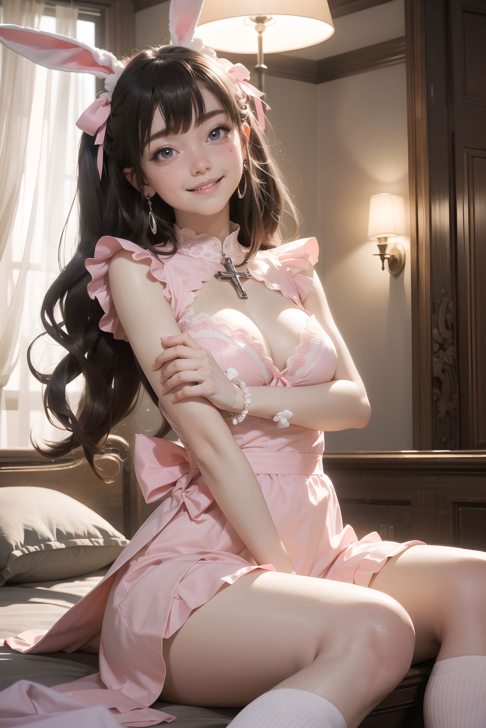 (((((
sweet junior bunny maid waiting for master in his bedroom, fluffy pink twintails with bouncy curls and strawberry clips, large heart-shaped lavender eyes sparkling with longing, 145cm chubby soft figure, small perky bust, thick plush thighs, milky skin with rosy puffy cheeks, wearing frilly pink-white maid dress with heart-shaped chest window and embroidered strawberry apron, long floppy bunny ears with pink lining, silver bell collar chiming softly, ribbon cuffs with tiny bells, fluffy white tail with pink bow, knee-high white socks with heart lace, glossy pink mary janes, sitting cross-legged on plush carpet hugging oversized teddy bear, looking up with pleading expression and slight pout, opulent bedroom with four-poster canopy bed draped in pink silk and piled high with plushies, strawberry milk bedside lamp casting warm pink glow, faint scent of vanilla, masterpiece, best quality, ultra-detailed, sharp focus, (8k resolution:1.1), cinematic lighting, depth of field
)))))
**KAWAII**
(cute KAWAII girl with a perfect style, very detailed facial texture:1.3), (idol face:1.5), fine particles, (kawaii face:1.6),kind eyes,young face, childish,
(blushing smile expression:1.4),looking at me,beautiful skin, intricate details,artistic realism,(deep, dark eye colour),
**Hentai and Perverted Elements**
Semi-naked with uniform partially undone, bra exposed revealing breasts,
flushed with embarrassment, striking a sensual, glamorous pose.
dddddddddddddddddddddddddddddddddddddddddddddddddddddddddddddddddddddddddddddddddddddddddddddddddddddddddddddddddddddddddddddddddddddddddddddddddddddddddddddddddddddddddddddddddddddddddddddddddddddddddddddddddddddddddddddddddddddddddddddddddddddddddddddddddddddddddddddddddddddddddddddddddddddddddddddddddddddddddddddddddddddddddddddddddddddddddddddddddddddddddddddddddddddddddddddddddddddddddddddddddddddddddddddddddddddddddddddddddddddddddddddddddddddddddddddddddddddddddddddddddddddddddddddddddddddddddddddddddddddddddddddddddddddddddddddddddddddddddddddddddddddddddddddddddddddddddddddddddddddddddddddddddddddddddddddddddddddddddddddddddddddddddddddddddd