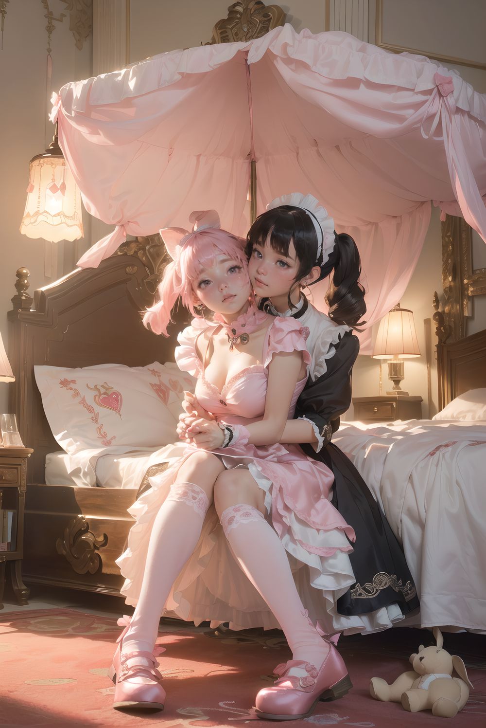 (((((

sweet junior bunny maid anxiously awaiting master?s return, silky pink twintails with glossy fluffy curls bouncing with each breath, large heart-shaped lavender eyes with long lashes reflecting pink lamp and subtle glassy tears, 145cm chubby soft figure trembling slightly, small perky bust rising under frilly maid dress, thick thighs pressed together on carpet, milky skin glowing with warmth and faint goosebumps, wearing delicate pink-white maid dress with heart-shaped chest cutout revealing subtle cleavage shadow, strawberry-embroidered apron with lace trim, floppy white bunny ears with pink satin lining drooping cutely, silver bell collar and cuffs tinkling softly, fluffy tail swaying, knee-high socks with heart embroidery folded slightly, glossy pink enamel shoes with heart buckles, sitting on thick plush carpet hugging giant worn teddy bear with one ear flopped, looking up with needy pout and quivering lower lip, luxurious bedroom with ornate four-poster canopy bed swathed in layered pink silk and buried under mountain of stuffed animals, strawberry milk glass lamp casting soft conical pink light creating rim glow on hair and dress, gentle lens flare, shallow depth of field with creamy bokeh of plush pile, masterpiece, best quality, ultra-detailed, sharp focus, (8k resolution:1.1), cinematic lighting, depth of field

)))))