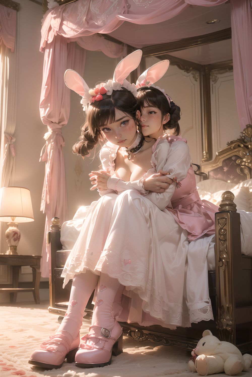 (((((
sweet junior bunny maid anxiously awaiting master?s return, silky pink twintails with glossy fluffy curls bouncing with each breath, large heart-shaped lavender eyes with long lashes reflecting pink lamp and subtle glassy tears, 145cm chubby soft figure trembling slightly, small perky bust rising under frilly maid dress, thick thighs pressed together on carpet, milky skin glowing with warmth and faint goosebumps, wearing delicate pink-white maid dress with heart-shaped chest cutout revealing subtle cleavage shadow, strawberry-embroidered apron with lace trim, floppy white bunny ears with pink satin lining drooping cutely, silver bell collar and cuffs tinkling softly, fluffy tail swaying, knee-high socks with heart embroidery folded slightly, glossy pink enamel shoes with heart buckles, sitting on thick plush carpet hugging giant worn teddy bear with one ear flopped, looking up with needy pout and quivering lower lip, luxurious bedroom with ornate four-poster canopy bed swathed in layered pink silk and buried under mountain of stuffed animals, strawberry milk glass lamp casting soft conical pink light creating rim glow on hair and dress, gentle lens flare, shallow depth of field with creamy bokeh of plush pile, masterpiece, best quality, ultra-detailed, sharp focus, (8k resolution:1.1), cinematic lighting, depth of field
)))))