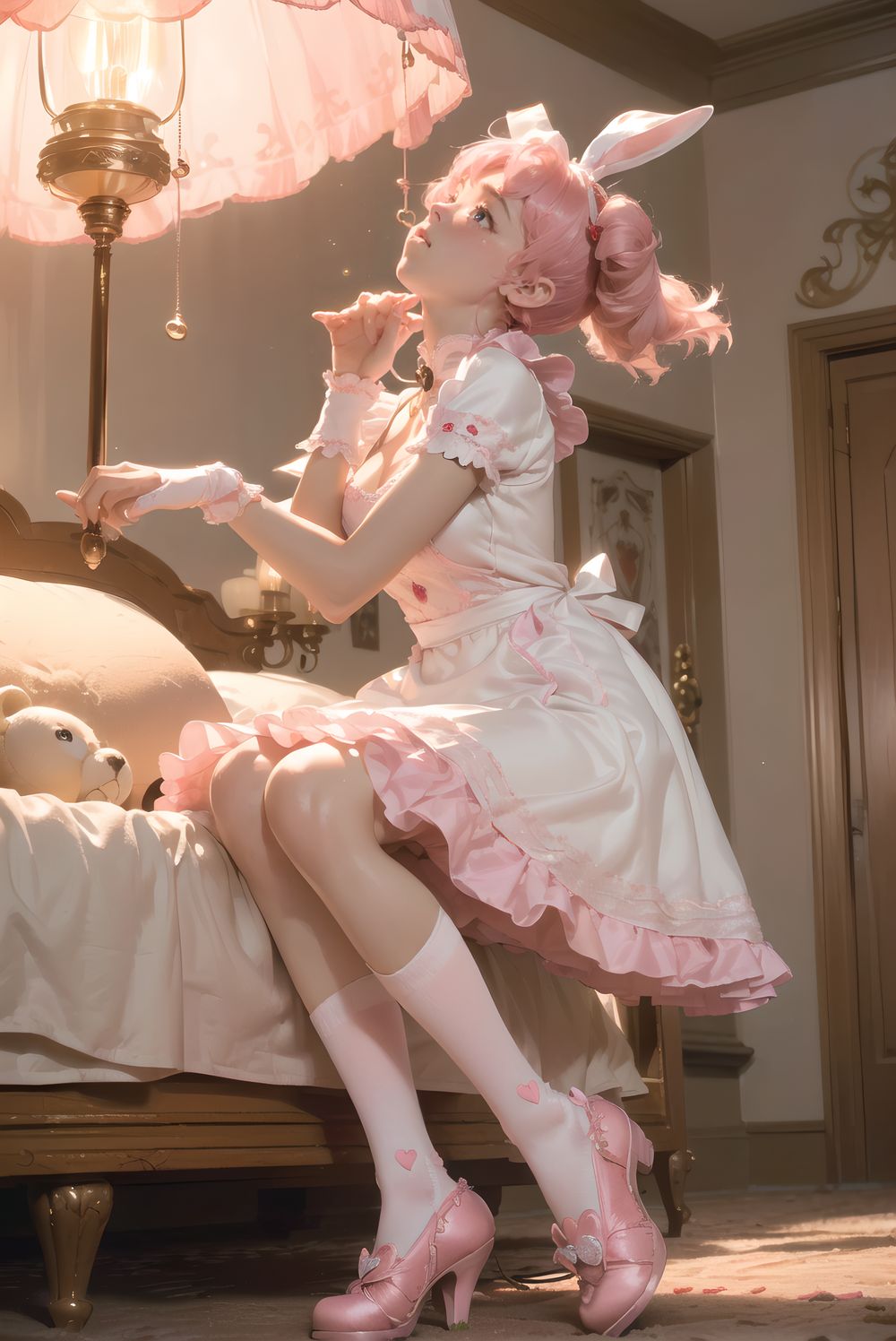 (((((
sweet junior bunny maid anxiously awaiting master?s return, silky pink twintails with glossy fluffy curls bouncing with each breath, large heart-shaped lavender eyes with long lashes reflecting pink lamp and subtle glassy tears, 145cm chubby soft figure trembling slightly, small perky bust rising under frilly maid dress, thick thighs pressed together on carpet, milky skin glowing with warmth and faint goosebumps, wearing delicate pink-white maid dress with heart-shaped chest cutout revealing subtle cleavage shadow, strawberry-embroidered apron with lace trim, floppy white bunny ears with pink satin lining drooping cutely, silver bell collar and cuffs tinkling softly, fluffy tail swaying, knee-high socks with heart embroidery folded slightly, glossy pink enamel shoes with heart buckles, sitting on thick plush carpet hugging giant worn teddy bear with one ear flopped, looking up with needy pout and quivering lower lip, luxurious bedroom with ornate four-poster canopy bed swathed in layered pink silk and buried under mountain of stuffed animals, strawberry milk glass lamp casting soft conical pink light creating rim glow on hair and dress, gentle lens flare, shallow depth of field with creamy bokeh of plush pile, masterpiece, best quality, ultra-detailed, sharp focus, (8k resolution:1.1), cinematic lighting, depth of field
)))))