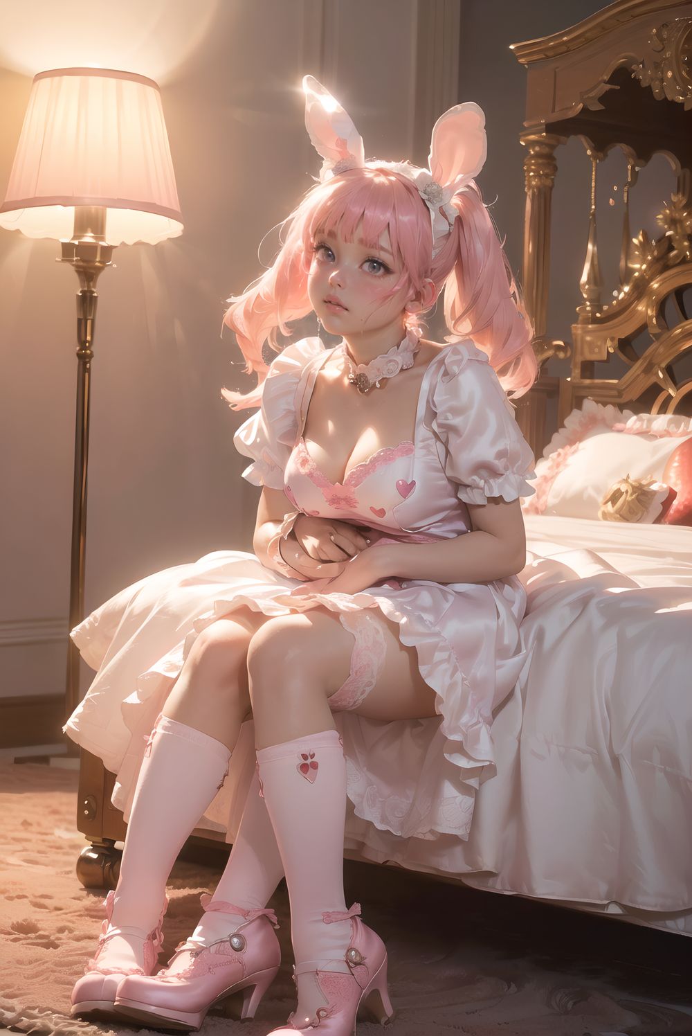 (((((
sweet junior bunny maid anxiously awaiting master?s return, silky pink twintails with glossy fluffy curls bouncing with each breath, large heart-shaped lavender eyes with long lashes reflecting pink lamp and subtle glassy tears, 145cm chubby soft figure trembling slightly, small perky bust rising under frilly maid dress, thick thighs pressed together on carpet, milky skin glowing with warmth and faint goosebumps, wearing delicate pink-white maid dress with heart-shaped chest cutout revealing subtle cleavage shadow, strawberry-embroidered apron with lace trim, floppy white bunny ears with pink satin lining drooping cutely, silver bell collar and cuffs tinkling softly, fluffy tail swaying, knee-high socks with heart embroidery folded slightly, glossy pink enamel shoes with heart buckles, sitting on thick plush carpet hugging giant worn teddy bear with one ear flopped, looking up with needy pout and quivering lower lip, luxurious bedroom with ornate four-poster canopy bed swathed in layered pink silk and buried under mountain of stuffed animals, strawberry milk glass lamp casting soft conical pink light creating rim glow on hair and dress, gentle lens flare, shallow depth of field with creamy bokeh of plush pile, masterpiece, best quality, ultra-detailed, sharp focus, (8k resolution:1.1), cinematic lighting, depth of field
)))))