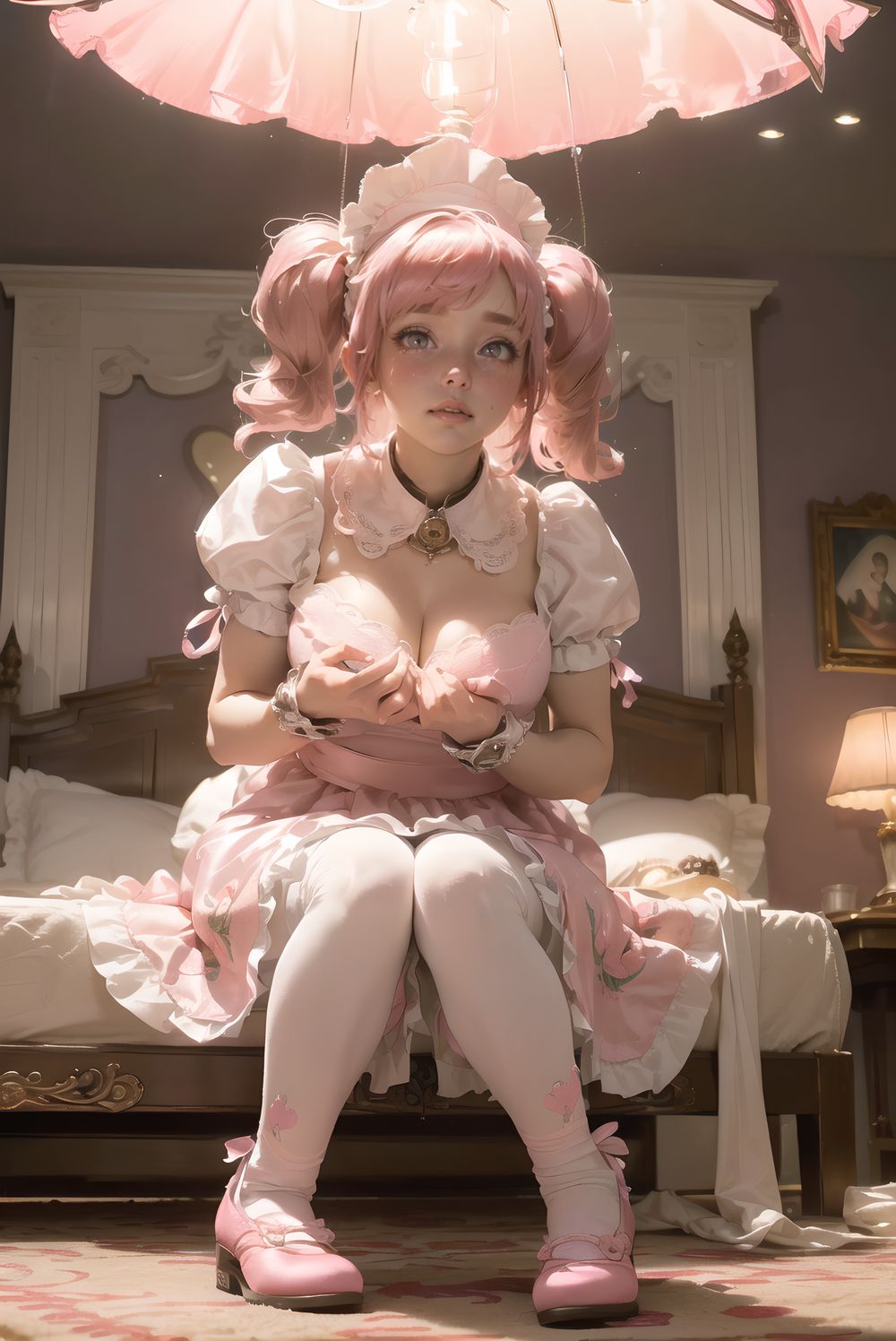 (((((
sweet junior bunny maid anxiously awaiting master?s return, silky pink twintails with glossy fluffy curls bouncing with each breath, large heart-shaped lavender eyes with long lashes reflecting pink lamp and subtle glassy tears, 145cm chubby soft figure trembling slightly, small perky bust rising under frilly maid dress, thick thighs pressed together on carpet, milky skin glowing with warmth and faint goosebumps, wearing delicate pink-white maid dress with heart-shaped chest cutout revealing subtle cleavage shadow, strawberry-embroidered apron with lace trim, floppy white bunny ears with pink satin lining drooping cutely, silver bell collar and cuffs tinkling softly, fluffy tail swaying, knee-high socks with heart embroidery folded slightly, glossy pink enamel shoes with heart buckles, sitting on thick plush carpet hugging giant worn teddy bear with one ear flopped, looking up with needy pout and quivering lower lip, luxurious bedroom with ornate four-poster canopy bed swathed in layered pink silk and buried under mountain of stuffed animals, strawberry milk glass lamp casting soft conical pink light creating rim glow on hair and dress, gentle lens flare, shallow depth of field with creamy bokeh of plush pile, masterpiece, best quality, ultra-detailed, sharp focus, (8k resolution:1.1), cinematic lighting, depth of field
)))))