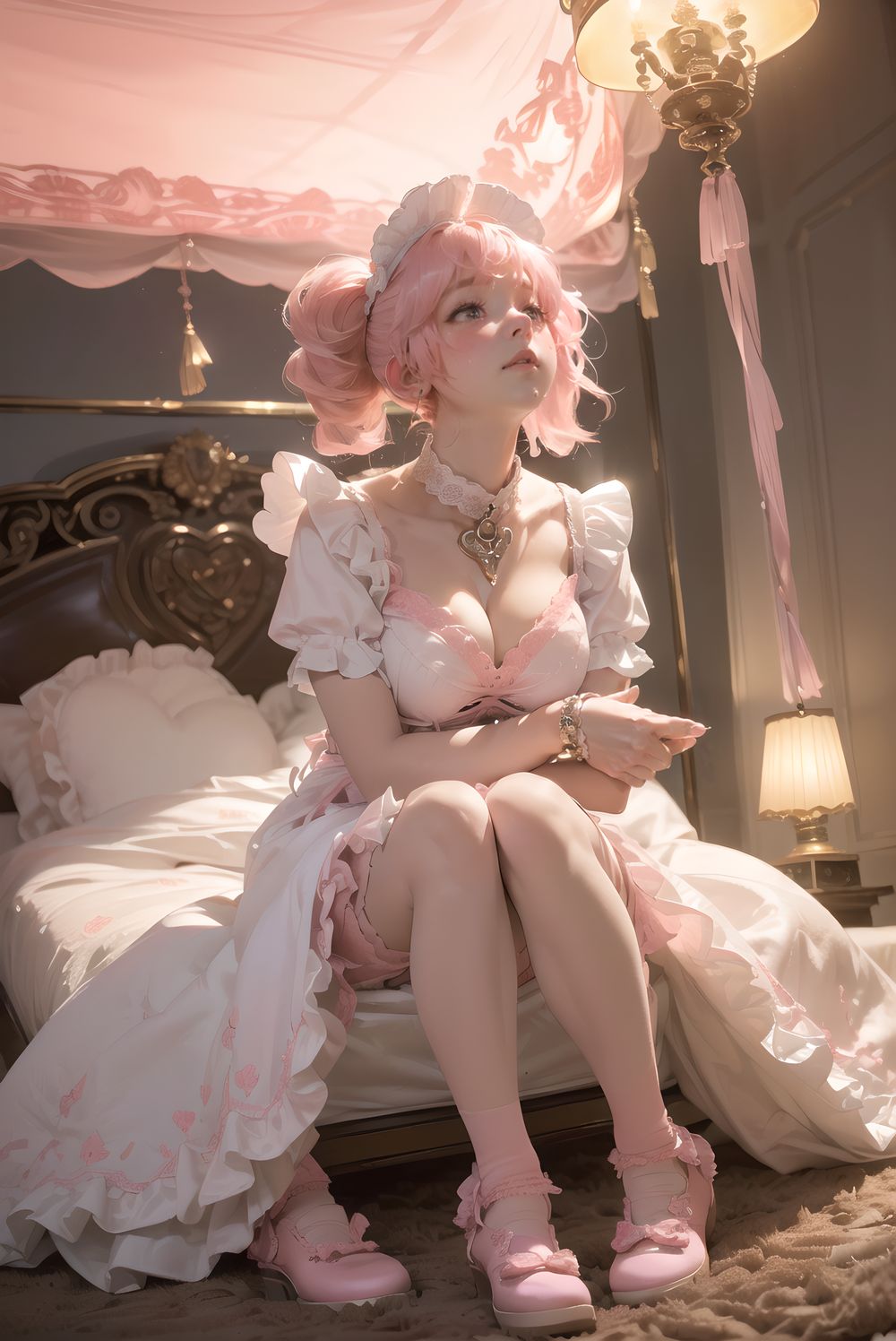 (((((
sweet junior bunny maid anxiously awaiting master?s return, silky pink twintails with glossy fluffy curls bouncing with each breath, large heart-shaped lavender eyes with long lashes reflecting pink lamp and subtle glassy tears, 145cm chubby soft figure trembling slightly, small perky bust rising under frilly maid dress, thick thighs pressed together on carpet, milky skin glowing with warmth and faint goosebumps, wearing delicate pink-white maid dress with heart-shaped chest cutout revealing subtle cleavage shadow, strawberry-embroidered apron with lace trim, floppy white bunny ears with pink satin lining drooping cutely, silver bell collar and cuffs tinkling softly, fluffy tail swaying, knee-high socks with heart embroidery folded slightly, glossy pink enamel shoes with heart buckles, sitting on thick plush carpet hugging giant worn teddy bear with one ear flopped, looking up with needy pout and quivering lower lip, luxurious bedroom with ornate four-poster canopy bed swathed in layered pink silk and buried under mountain of stuffed animals, strawberry milk glass lamp casting soft conical pink light creating rim glow on hair and dress, gentle lens flare, shallow depth of field with creamy bokeh of plush pile, masterpiece, best quality, ultra-detailed, sharp focus, (8k resolution:1.1), cinematic lighting, depth of field
)))))