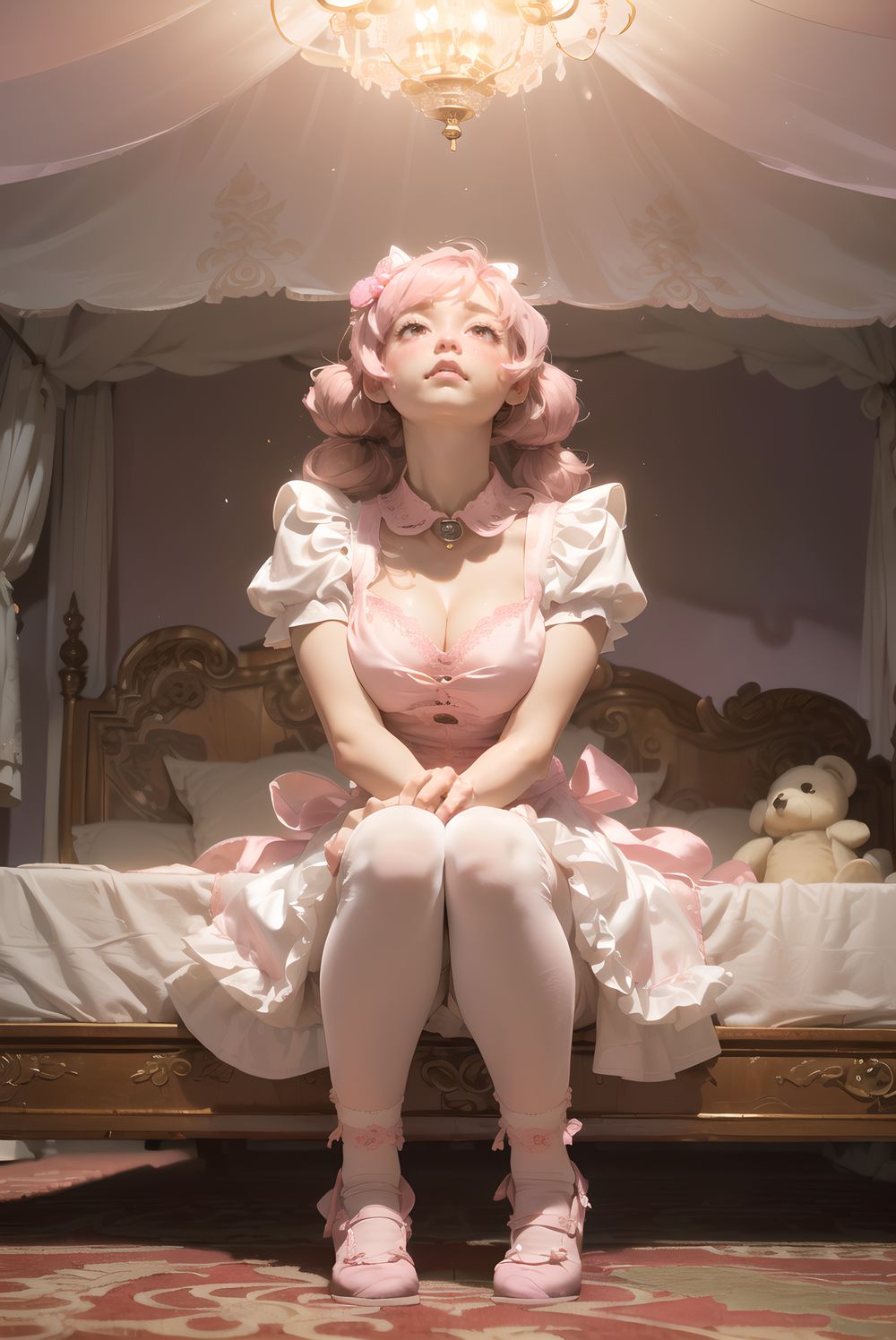 (((((
sweet junior bunny maid anxiously awaiting master?s return, silky pink twintails with glossy fluffy curls bouncing with each breath, large heart-shaped lavender eyes with long lashes reflecting pink lamp and subtle glassy tears, 145cm chubby soft figure trembling slightly, small perky bust rising under frilly maid dress, thick thighs pressed together on carpet, milky skin glowing with warmth and faint goosebumps, wearing delicate pink-white maid dress with heart-shaped chest cutout revealing subtle cleavage shadow, strawberry-embroidered apron with lace trim, floppy white bunny ears with pink satin lining drooping cutely, silver bell collar and cuffs tinkling softly, fluffy tail swaying, knee-high socks with heart embroidery folded slightly, glossy pink enamel shoes with heart buckles, sitting on thick plush carpet hugging giant worn teddy bear with one ear flopped, looking up with needy pout and quivering lower lip, luxurious bedroom with ornate four-poster canopy bed swathed in layered pink silk and buried under mountain of stuffed animals, strawberry milk glass lamp casting soft conical pink light creating rim glow on hair and dress, gentle lens flare, shallow depth of field with creamy bokeh of plush pile, masterpiece, best quality, ultra-detailed, sharp focus, (8k resolution:1.1), cinematic lighting, depth of field
)))))