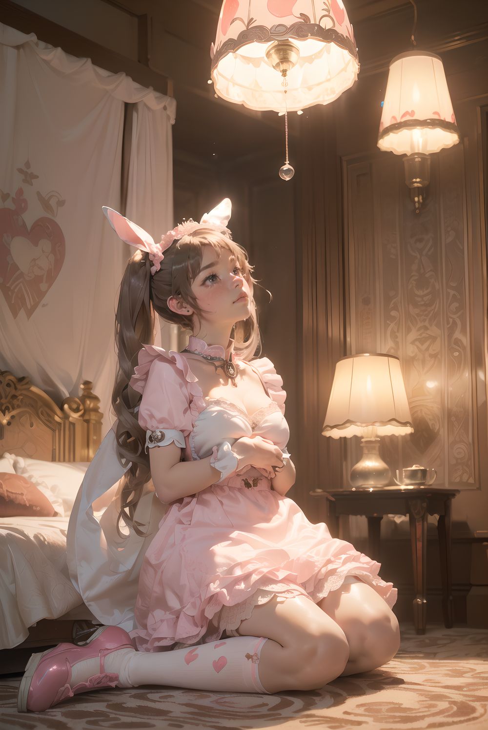 (((((
sweet junior bunny maid anxiously awaiting master?s return, silky pink twintails with glossy fluffy curls bouncing with each breath, large heart-shaped lavender eyes with long lashes reflecting pink lamp and subtle glassy tears, 145cm chubby soft figure trembling slightly, small perky bust rising under frilly maid dress, thick thighs pressed together on carpet, milky skin glowing with warmth and faint goosebumps, wearing delicate pink-white maid dress with heart-shaped chest cutout revealing subtle cleavage shadow, strawberry-embroidered apron with lace trim, floppy white bunny ears with pink satin lining drooping cutely, silver bell collar and cuffs tinkling softly, fluffy tail swaying, knee-high socks with heart embroidery folded slightly, glossy pink enamel shoes with heart buckles, sitting on thick plush carpet hugging giant worn teddy bear with one ear flopped, looking up with needy pout and quivering lower lip, luxurious bedroom with ornate four-poster canopy bed swathed in layered pink silk and buried under mountain of stuffed animals, strawberry milk glass lamp casting soft conical pink light creating rim glow on hair and dress, gentle lens flare, shallow depth of field with creamy bokeh of plush pile, masterpiece, best quality, ultra-detailed, sharp focus, (8k resolution:1.1), cinematic lighting, depth of field
)))))