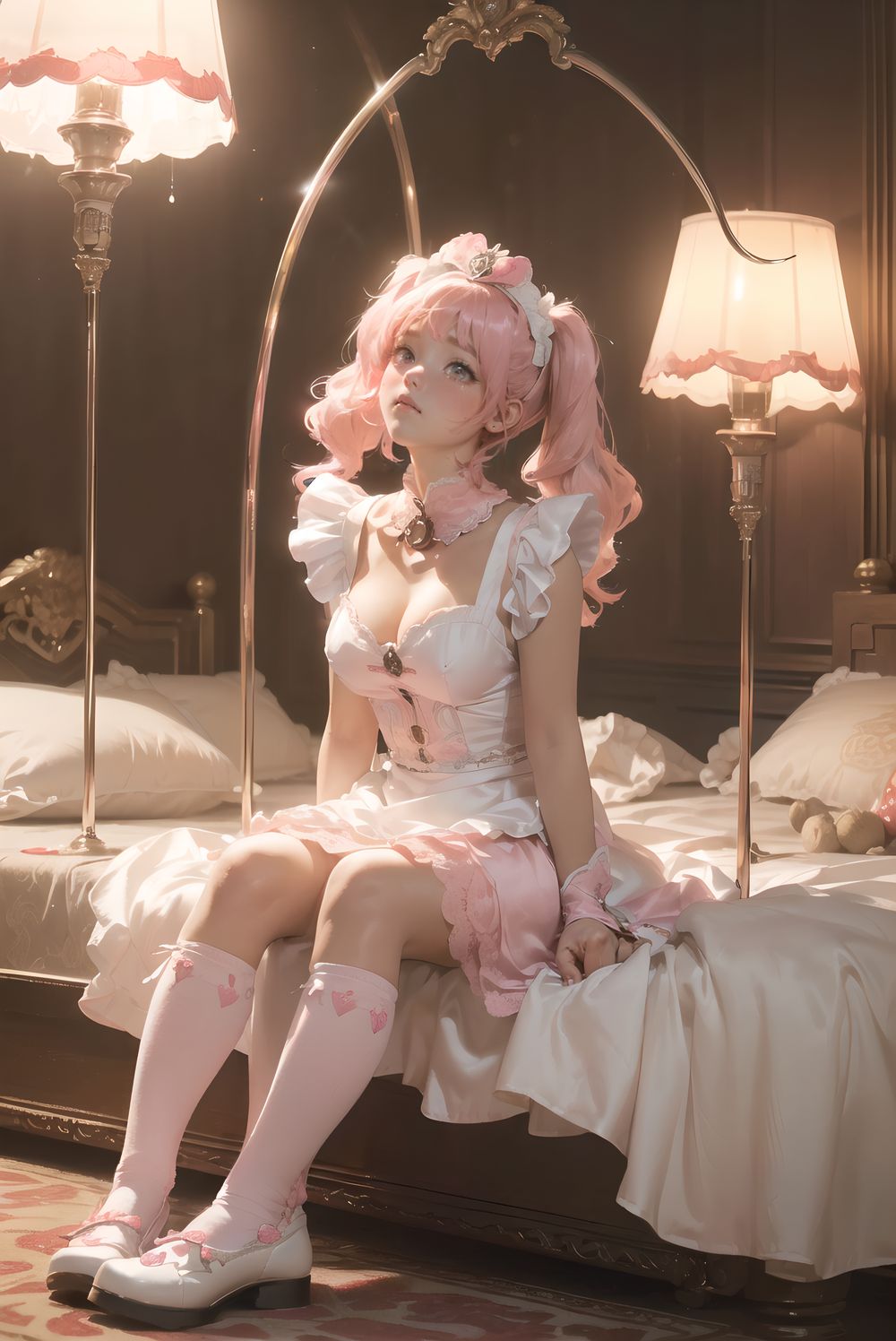 (((((
sweet junior bunny maid anxiously awaiting master?s return, silky pink twintails with glossy fluffy curls bouncing with each breath, large heart-shaped lavender eyes with long lashes reflecting pink lamp and subtle glassy tears, 145cm chubby soft figure trembling slightly, small perky bust rising under frilly maid dress, thick thighs pressed together on carpet, milky skin glowing with warmth and faint goosebumps, wearing delicate pink-white maid dress with heart-shaped chest cutout revealing subtle cleavage shadow, strawberry-embroidered apron with lace trim, floppy white bunny ears with pink satin lining drooping cutely, silver bell collar and cuffs tinkling softly, fluffy tail swaying, knee-high socks with heart embroidery folded slightly, glossy pink enamel shoes with heart buckles, sitting on thick plush carpet hugging giant worn teddy bear with one ear flopped, looking up with needy pout and quivering lower lip, luxurious bedroom with ornate four-poster canopy bed swathed in layered pink silk and buried under mountain of stuffed animals, strawberry milk glass lamp casting soft conical pink light creating rim glow on hair and dress, gentle lens flare, shallow depth of field with creamy bokeh of plush pile, masterpiece, best quality, ultra-detailed, sharp focus, (8k resolution:1.1), cinematic lighting, depth of field
)))))